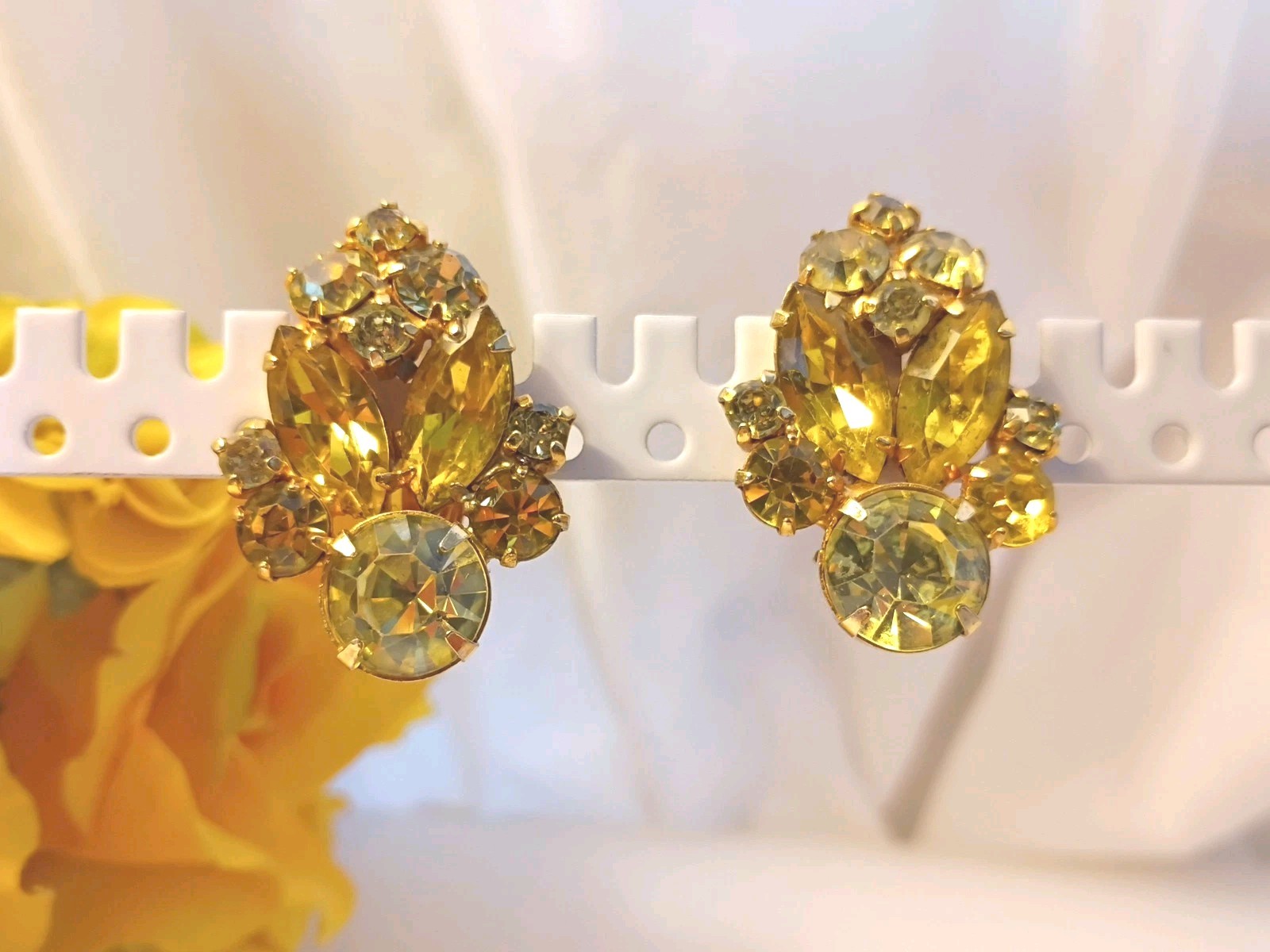 La Roco Rhinestone Vintage Clip Earrings Yellow w Gold Filled Metal