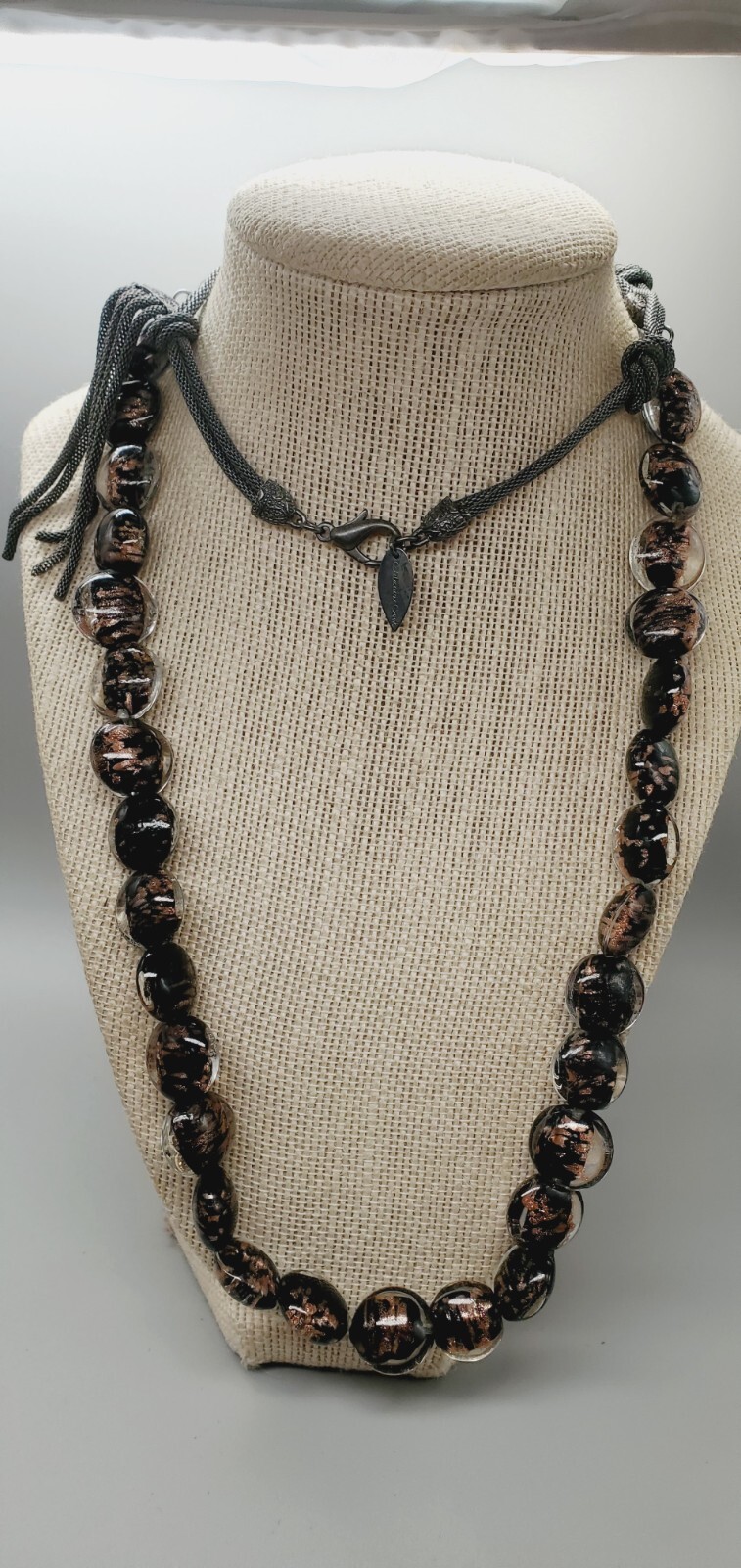 Coldwater Creek Black and Copper accented Glass, Gun Metal Necklace 36″ woo1