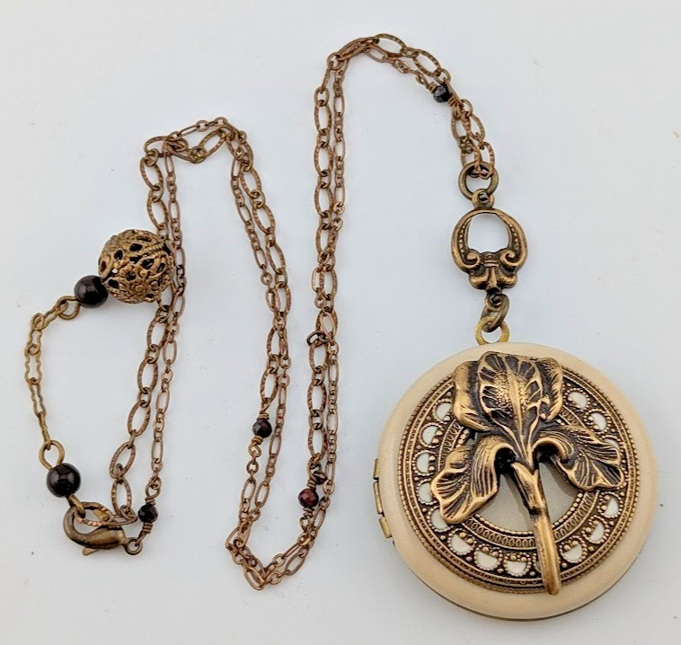 BRASS IRIS FLOWER LOCKET enamel art nouveau style photo pendant bronze chain B6