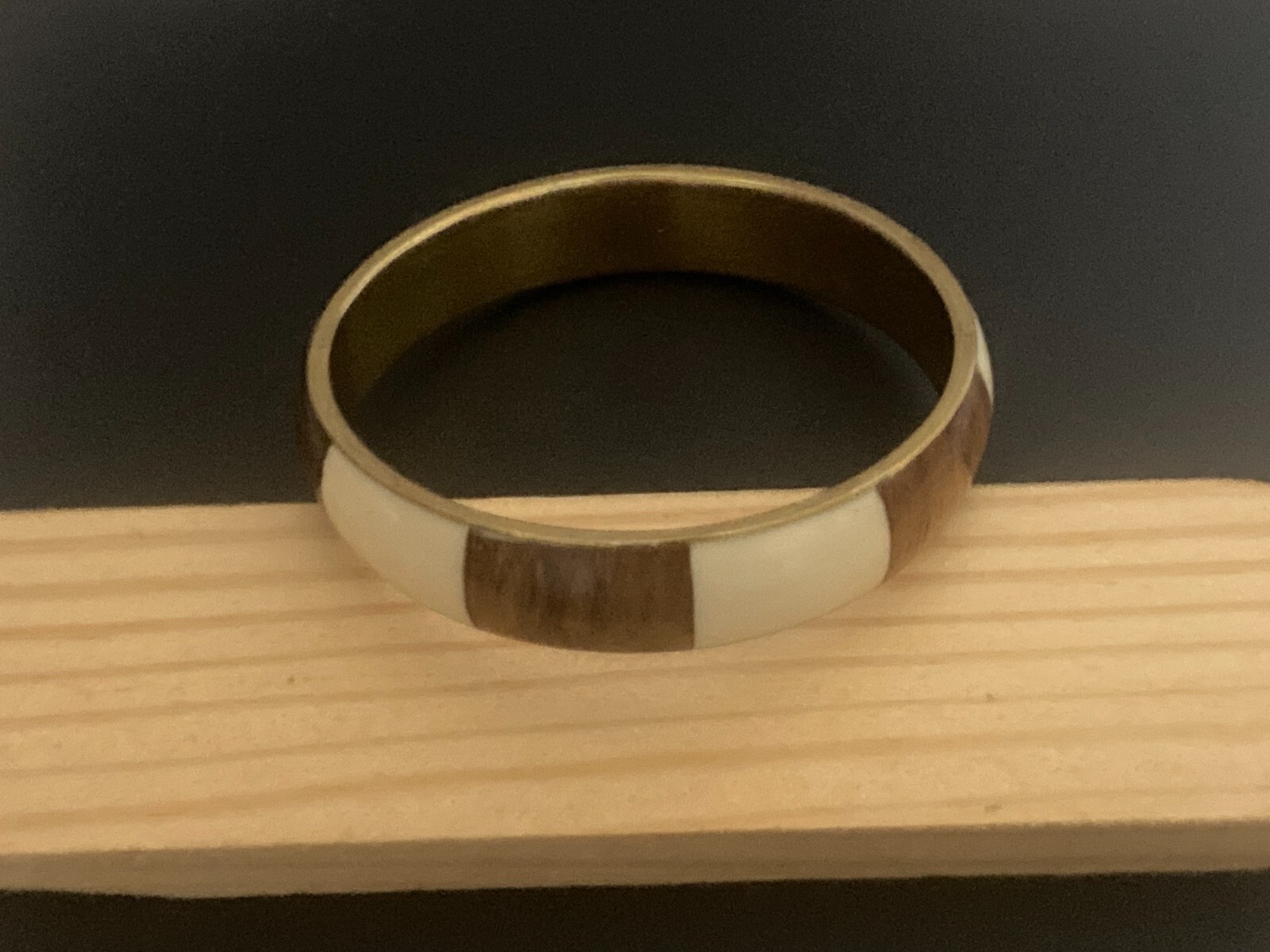 Vintage Brown White Enameled Striped Bangle Bracelet Gold Tone Metal