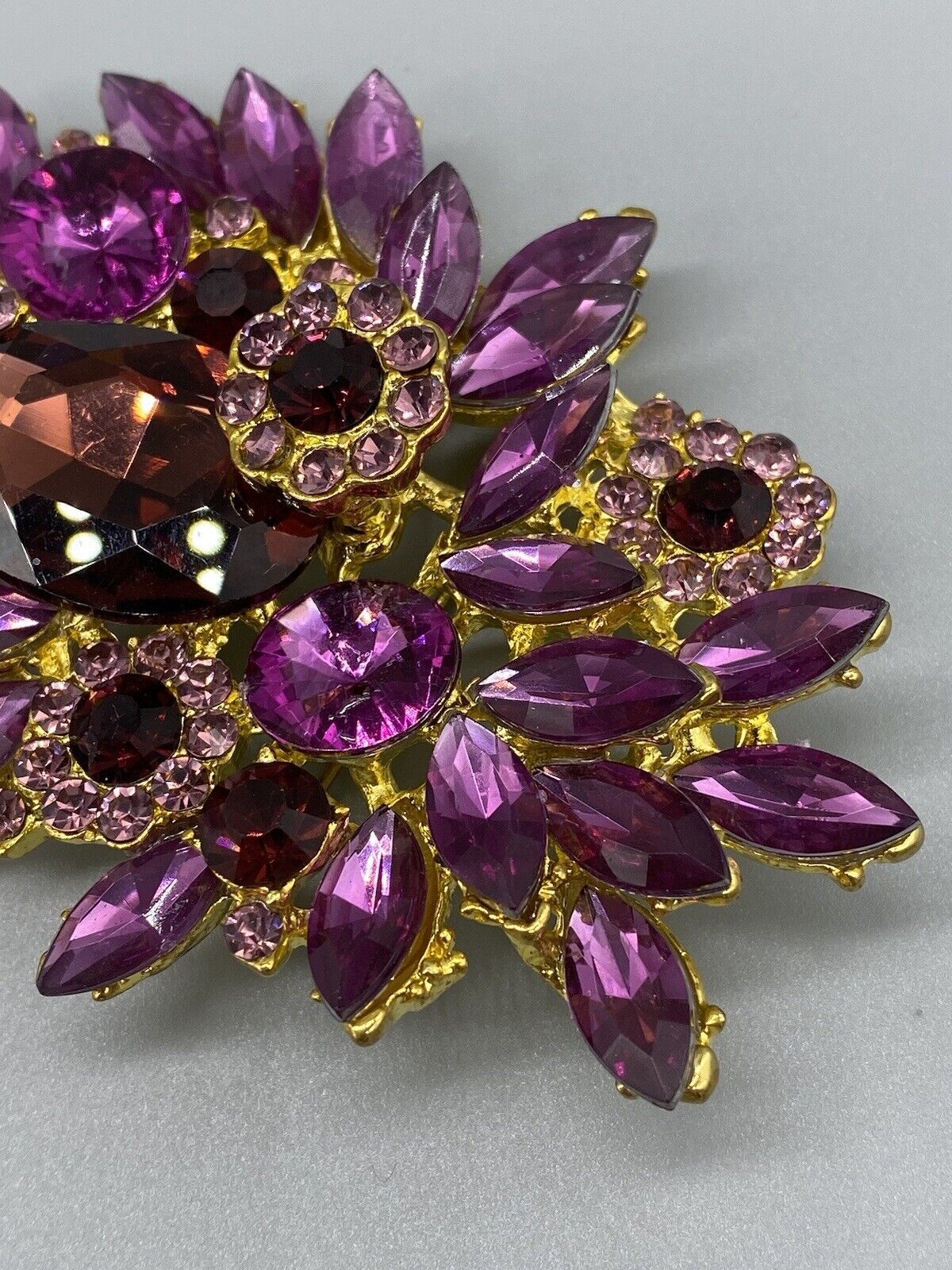 Gold Tone Purple Pink Fuchsia Red Big Rhinestone Large Flower Floral Pin Brooch