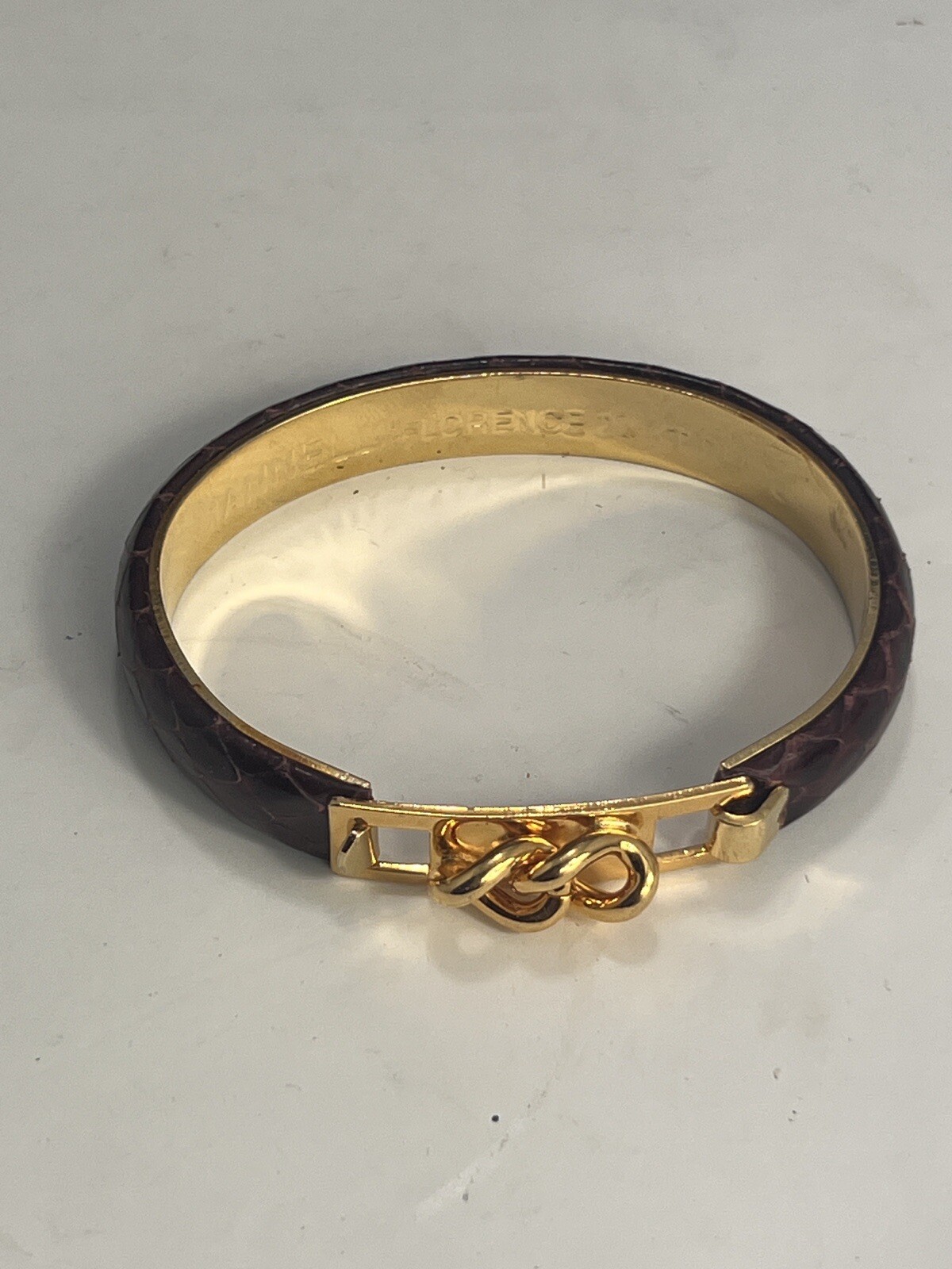 Vintage MANNELLI Florence 24 Kt Gokd Plated Brown Leather Hinged Bracelet