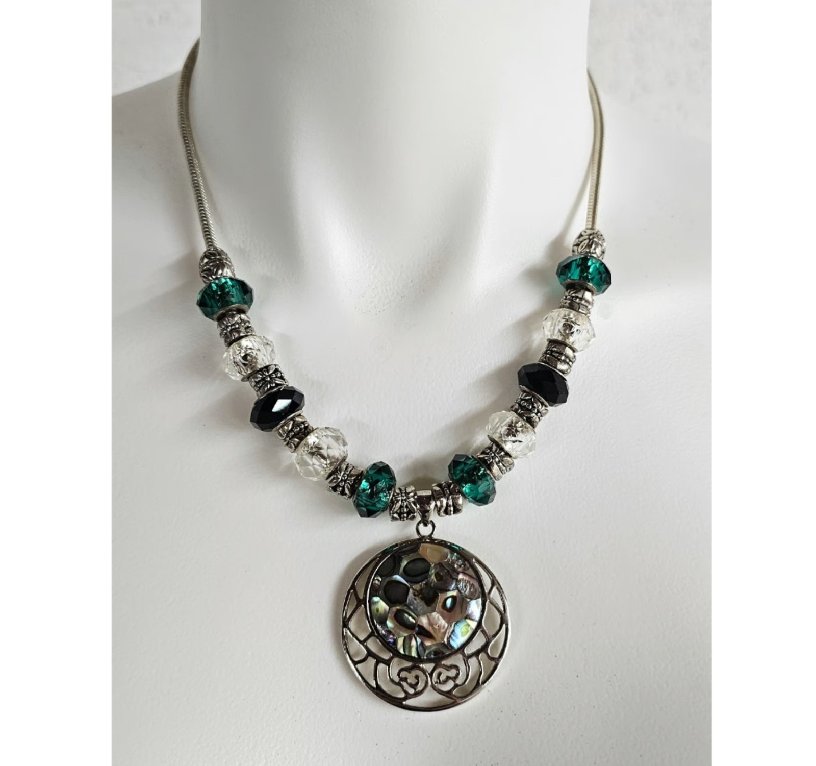 Vintage Silver Tone Green Crackle Bead Abalone Mosaic Pendant Necklace
