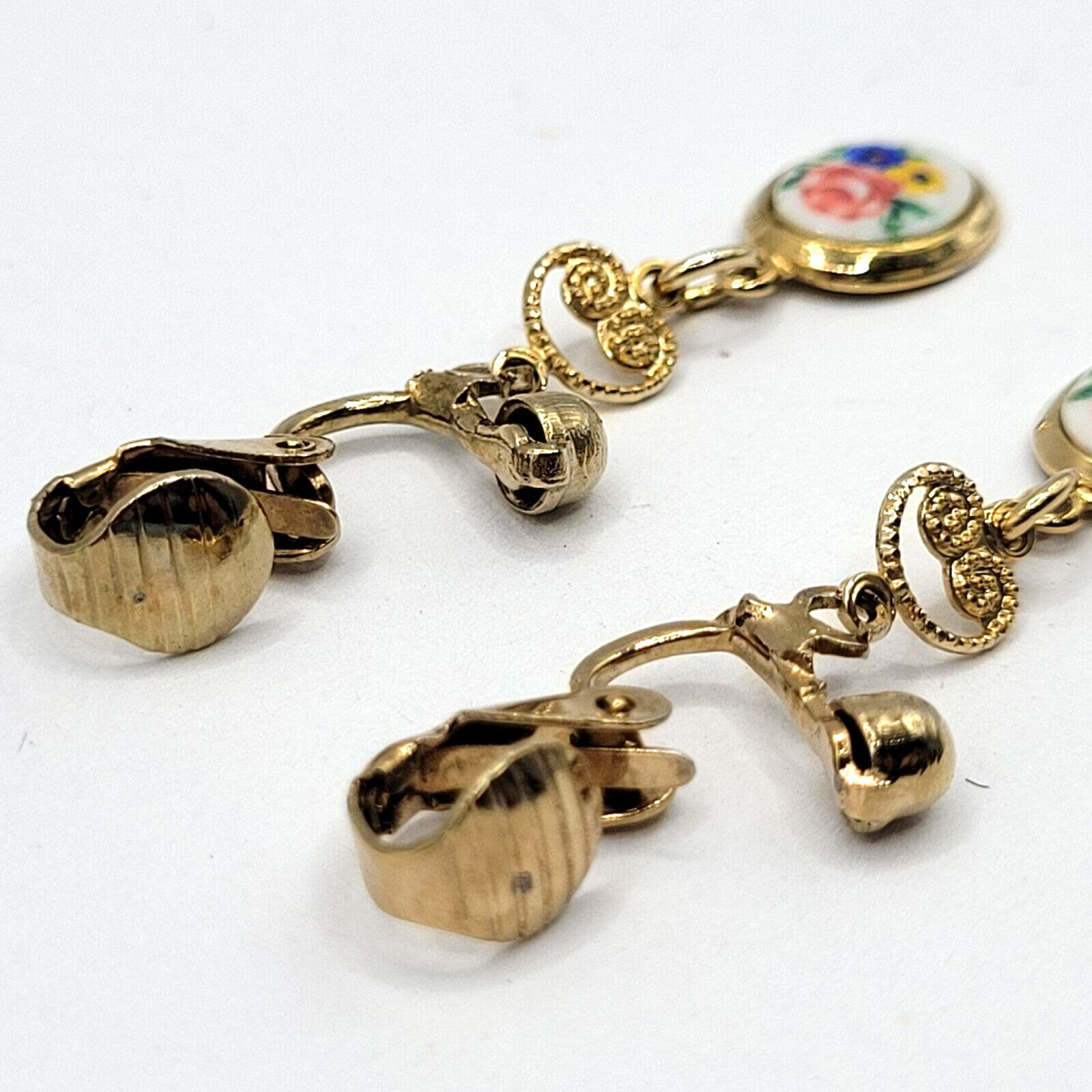 Petite Hand Painted Flowers Porcelain Gold Tone Drop Dangle Vintage Earrings