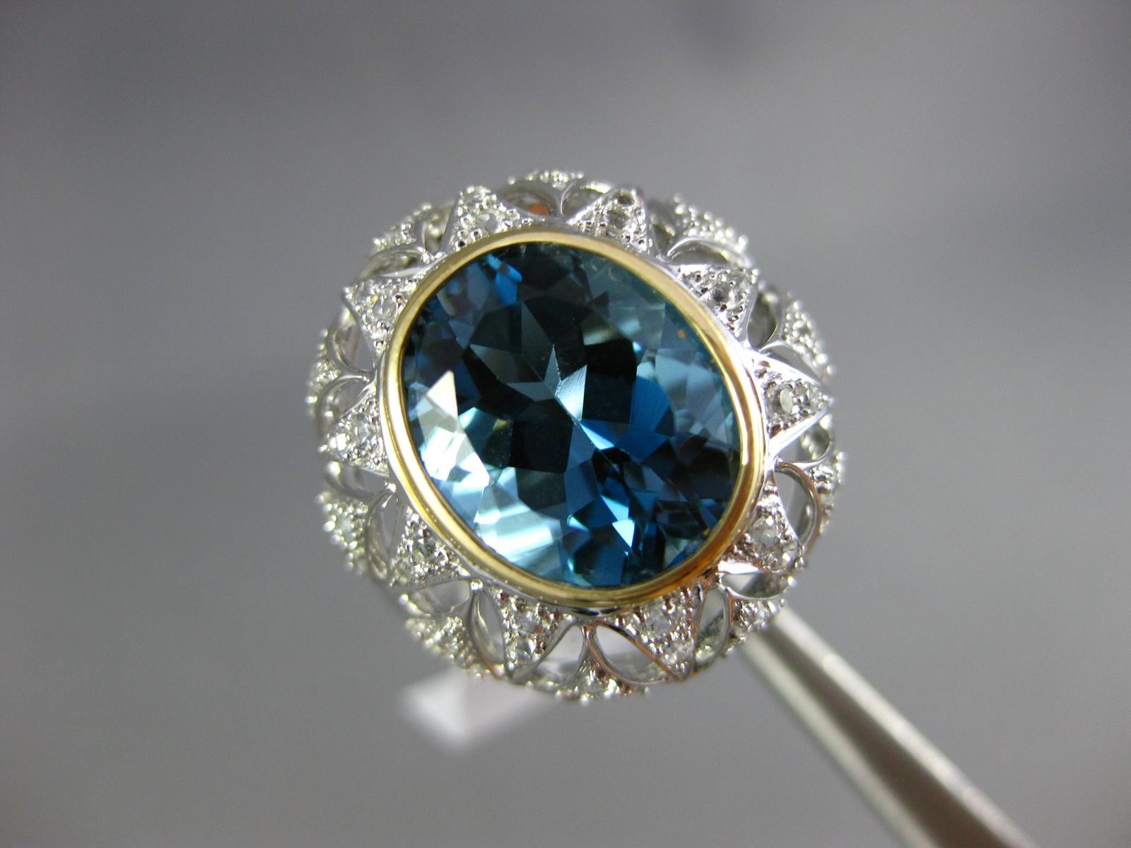 LARGE 6.04CT AAA LONDON BLUE TOPAZ & WHITE SAPPHIRE 14KT 2 TONE GOLD OVAL RING