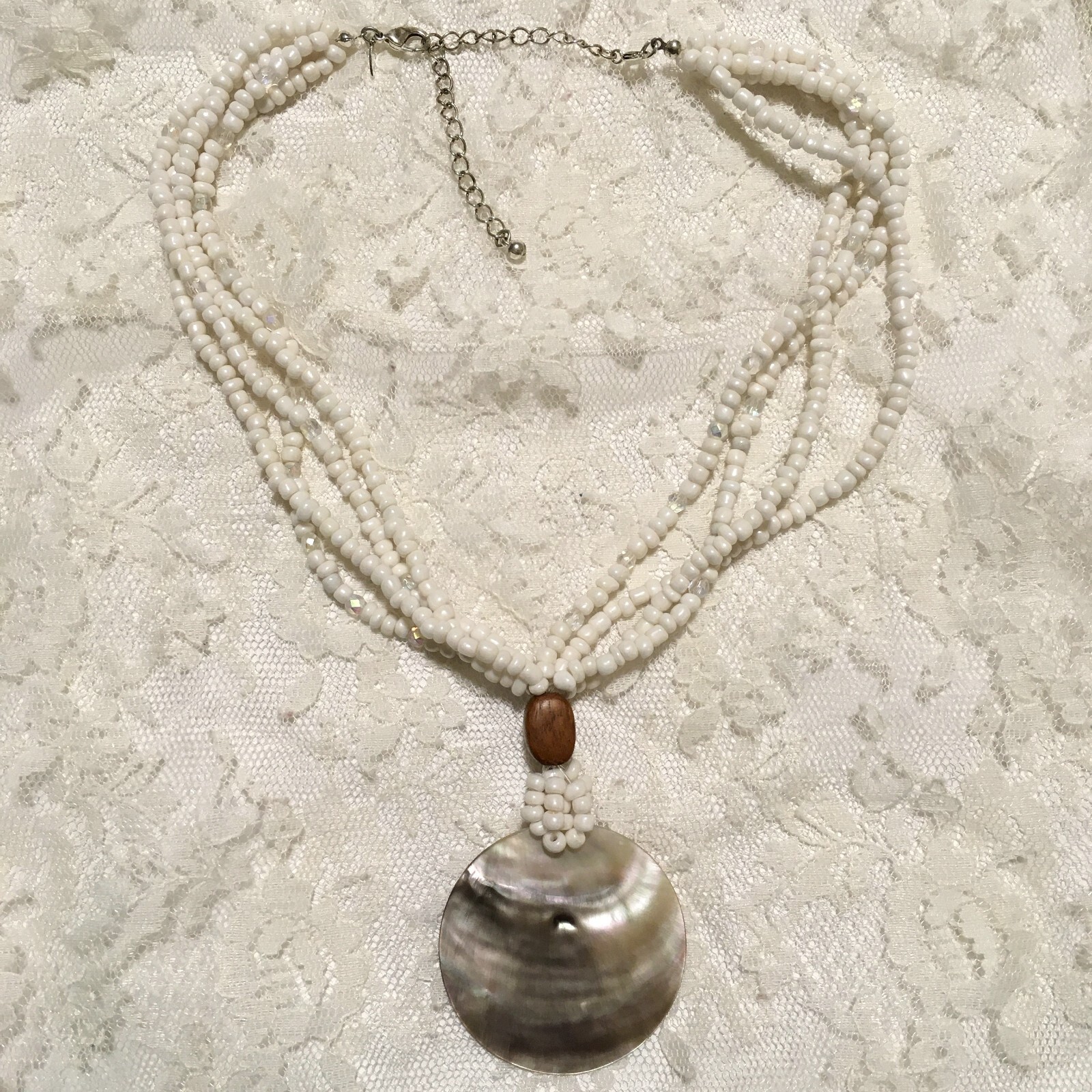 Vintage Avon Mother of Pearl Pendant Necklace White Beads Boho Beachy Statement