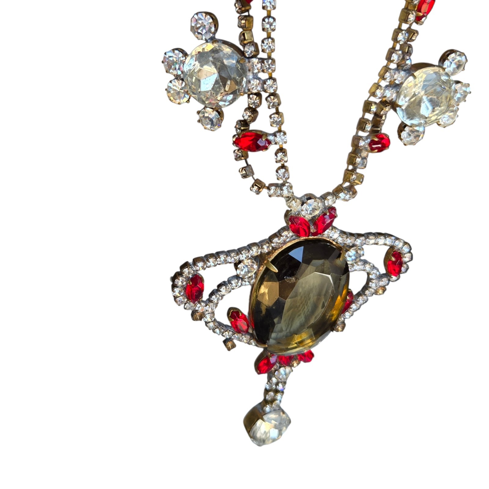 Vtg Signed Husar D Czech Glass Festoon Necklace Green Center Red Accent Stones