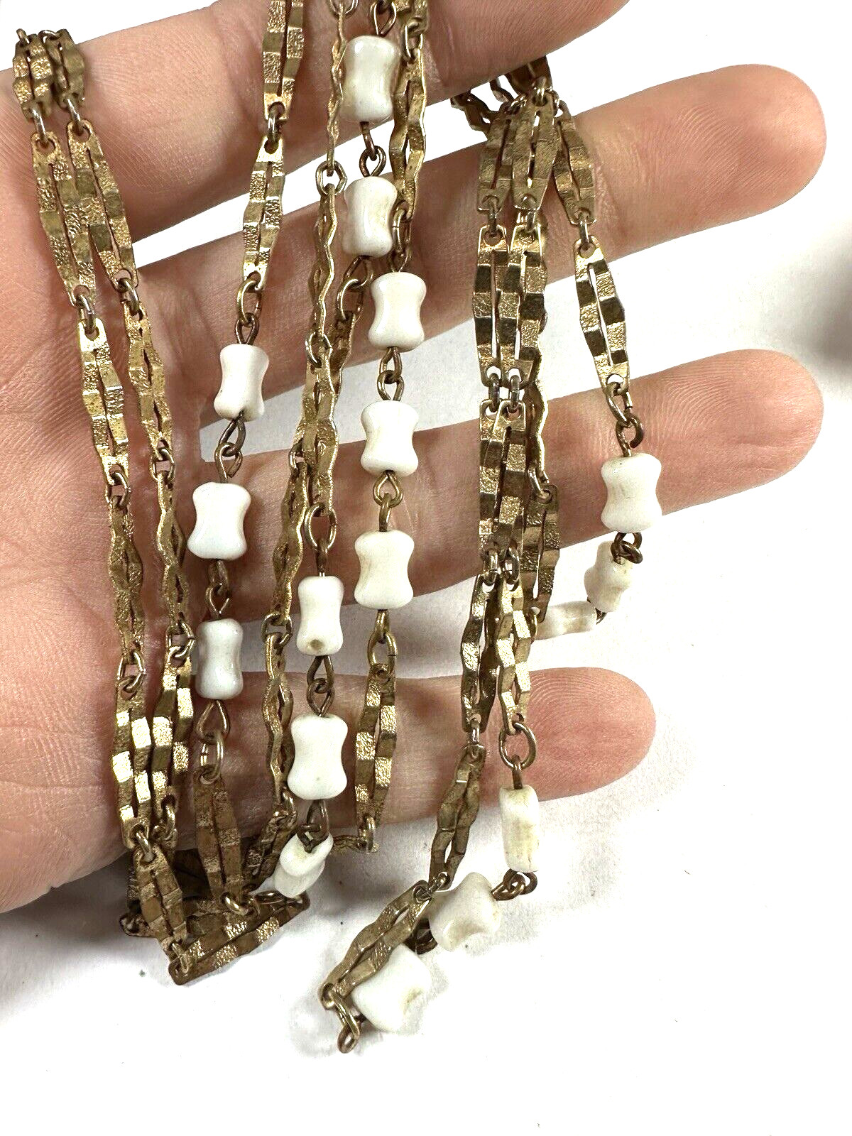 Vintage Necklace Chain White Glass Bead Teeth Station Bar Link 54 Inches