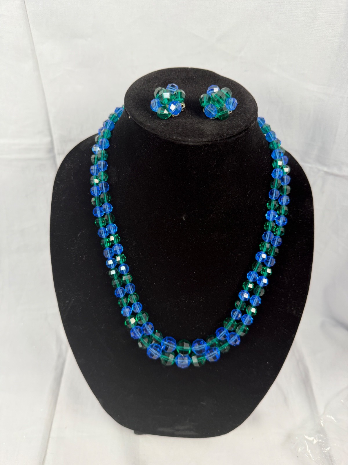 Vintage Blue & Green Faceted Glass Beaded Necklace Clip Earrings Set