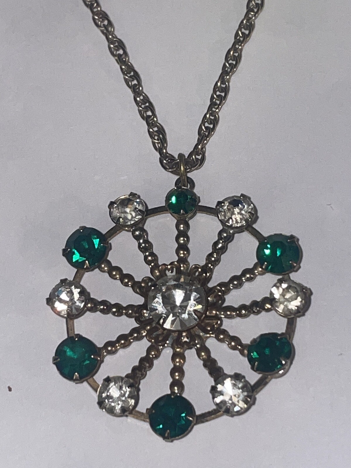 Vintage CA Co 12K Gold Filled 24″ w Green & Clear Stone Starburst Pendant🌺🌺