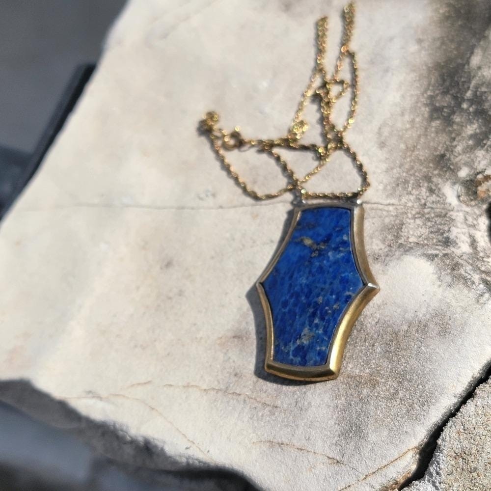 Vintage Lapis Lazuli Modernist Pendant Necklace Gold Filled Chain Blue Stone