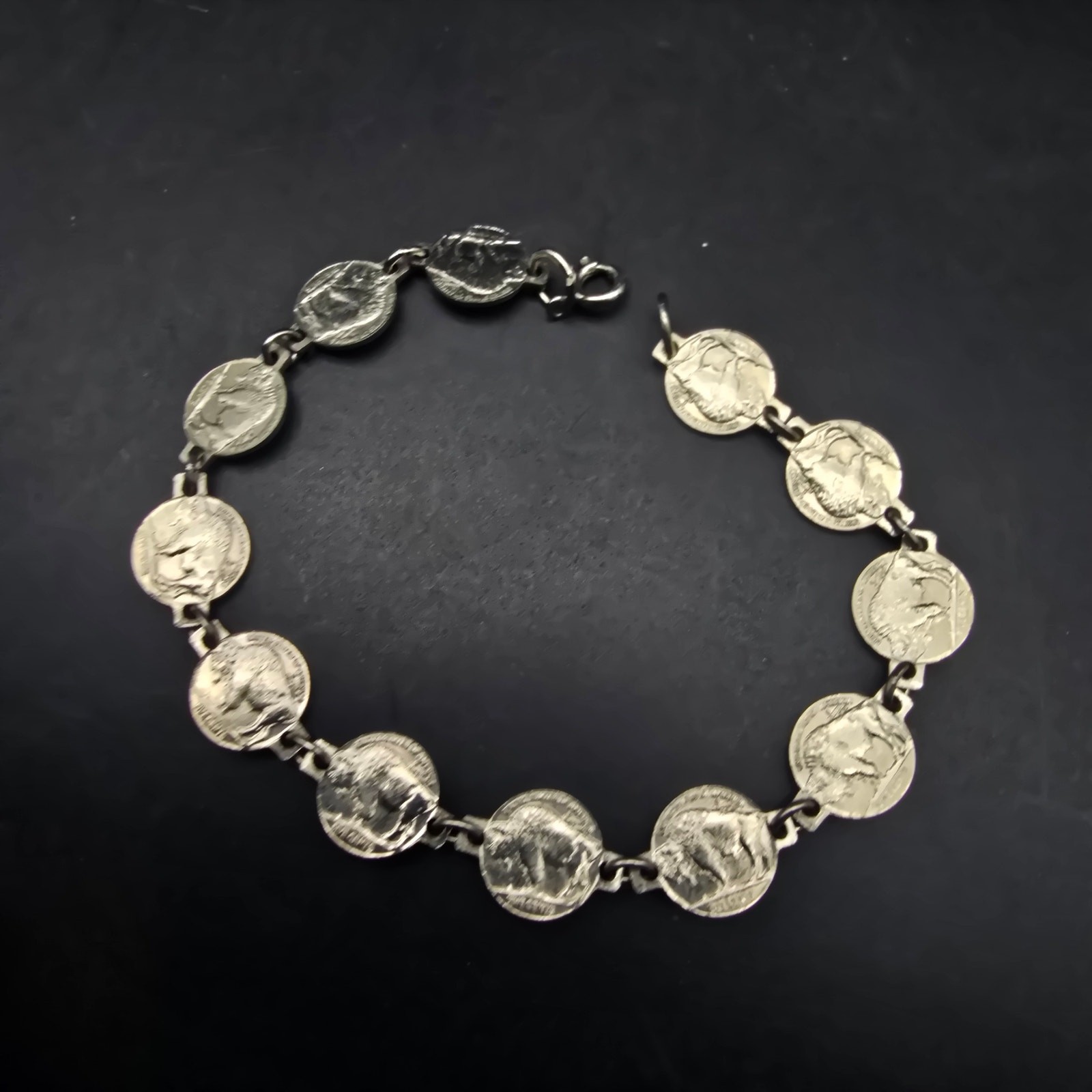 Vintage Faux Buffalo Nickel Coin Bracelet Silver Tone Currency Jewelry