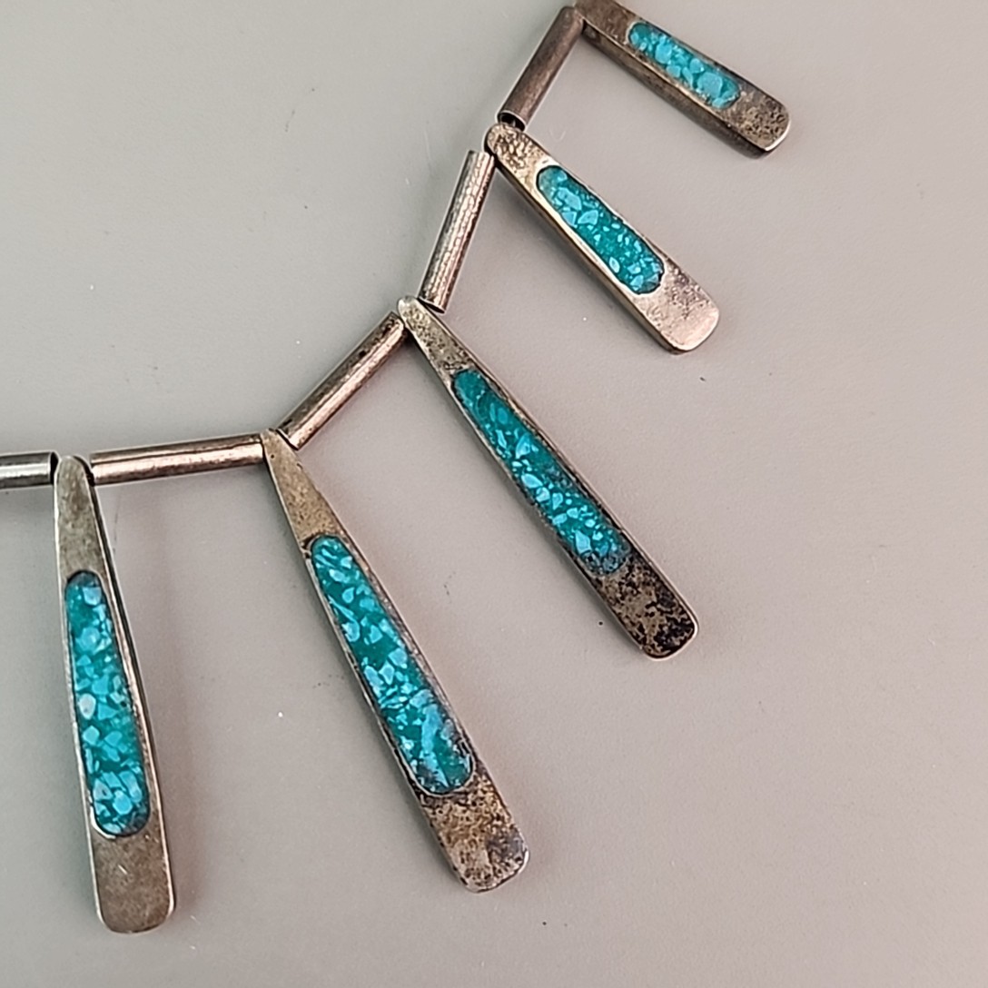 Vintage Mexican Necklace Sterling Silver Turquoise Chip Inlay Fringe Eagle 2