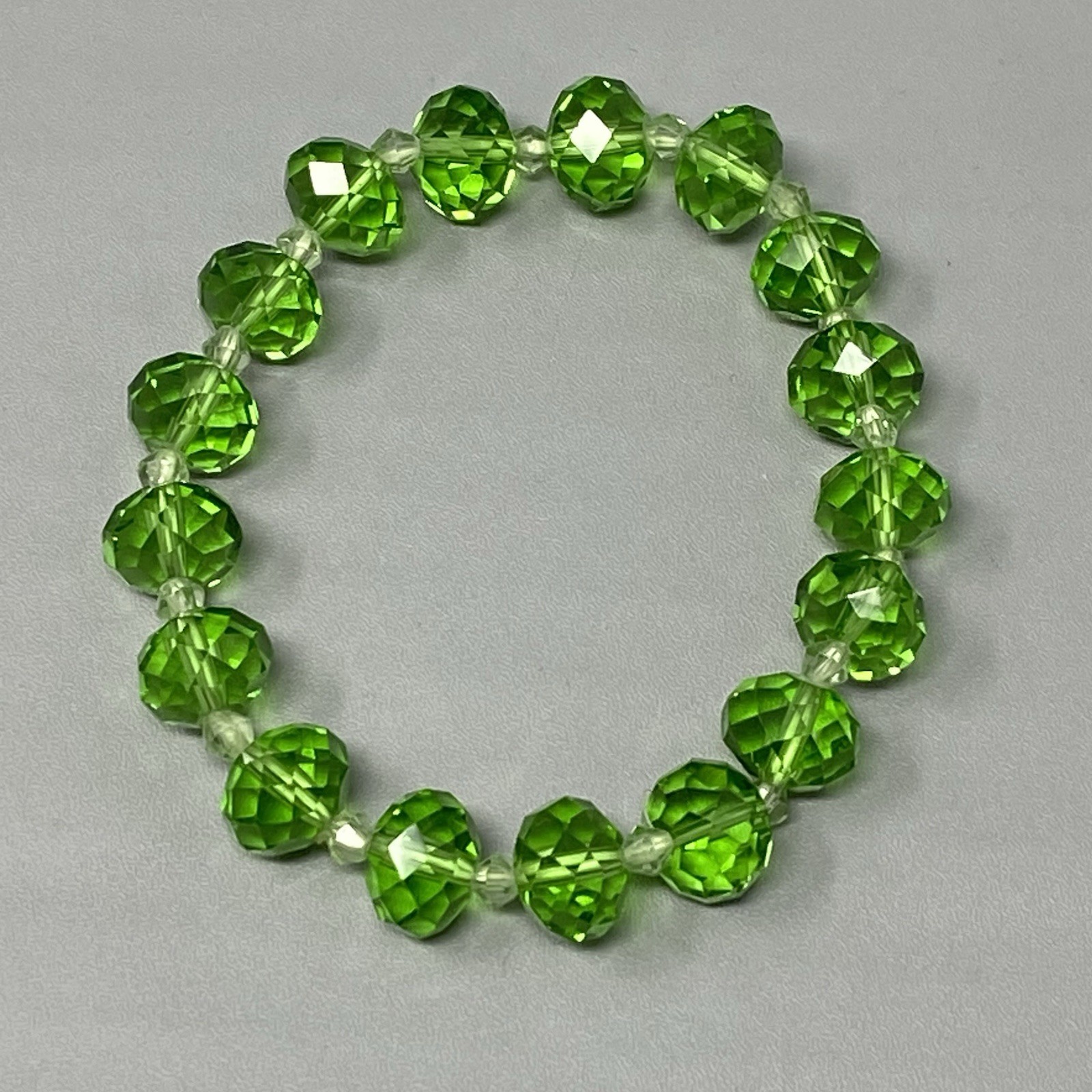 Green Glass Beaded Bracelet Stretch Elastic Faceted Transparent Bicone Spacer 7″