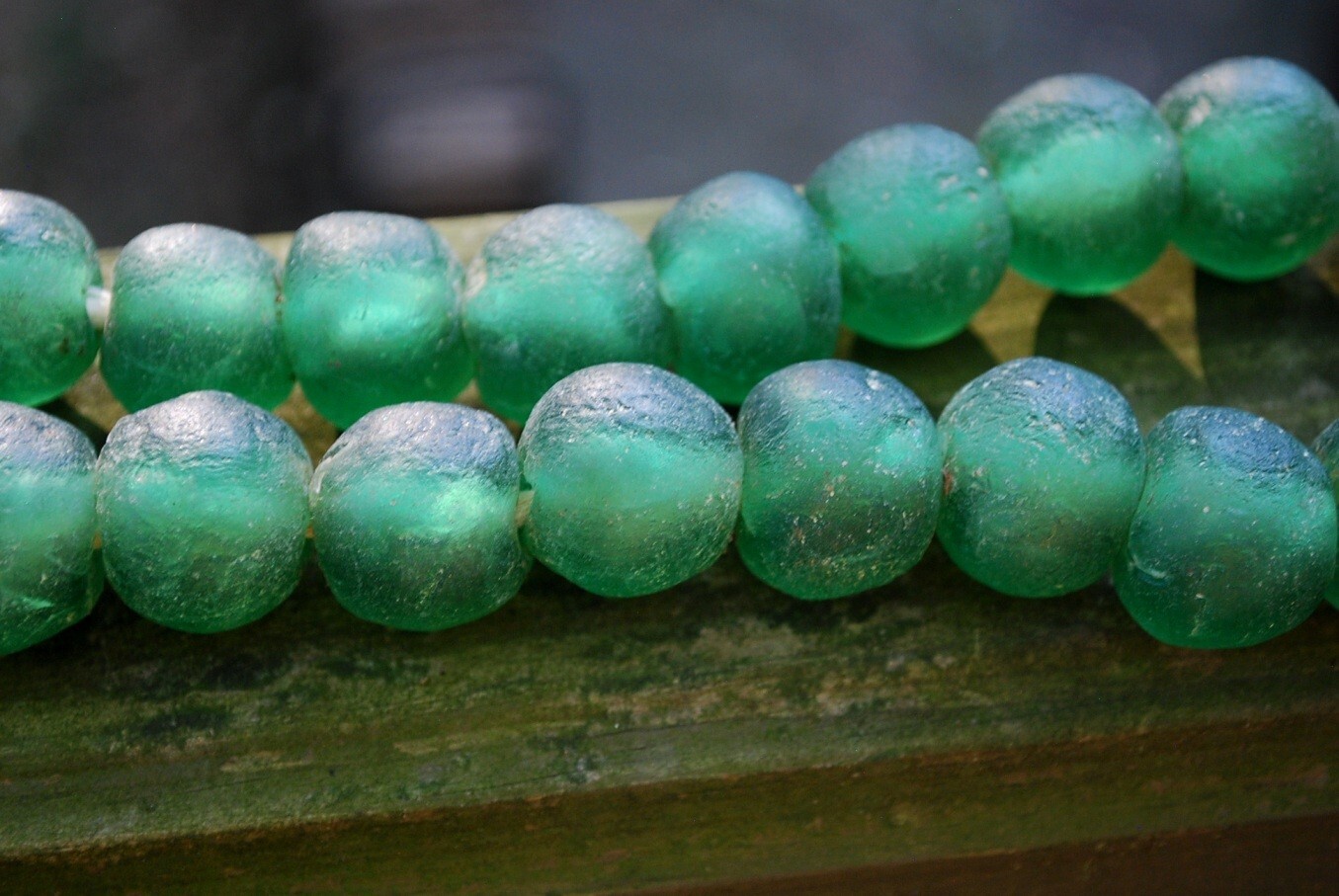 HUGE Recycled SEA GLASS STATEMENT NECKLACE Matte Green 23mm AFRICAN TRADE BEADS