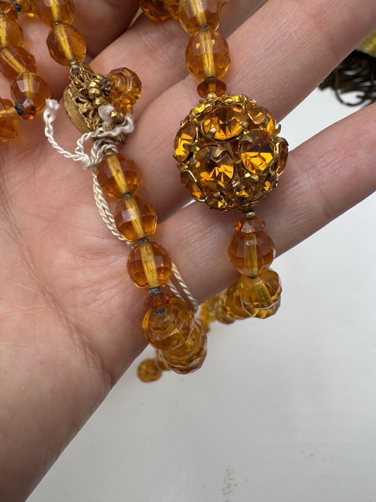 Vintage Miriam Haskell Amber Glass Bead Necklace with Rhinestone Ball Accent