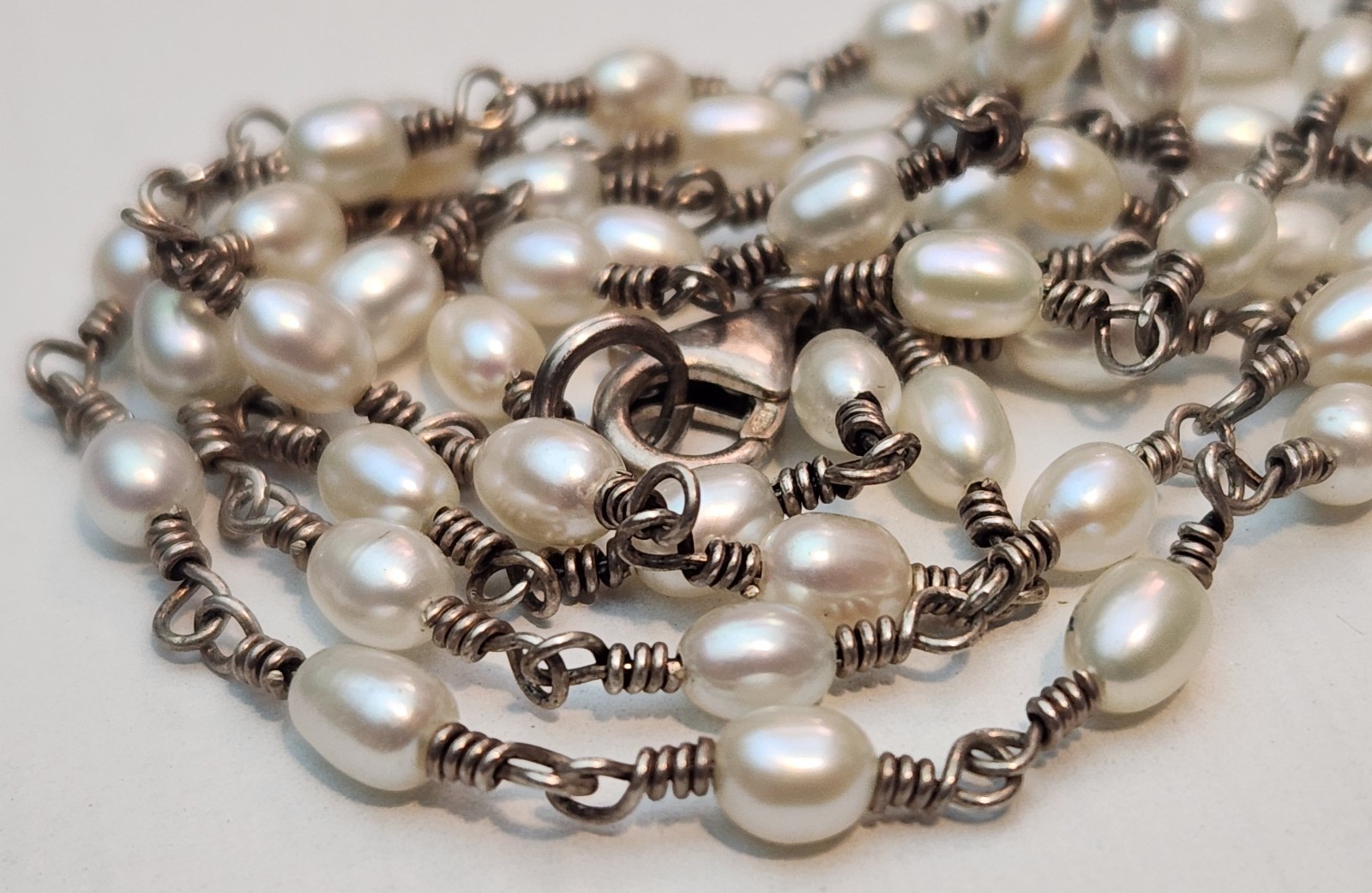 Vintage Sterling Silver 925 Fresh Water Pearl Rosary Style Drop Long Necklace