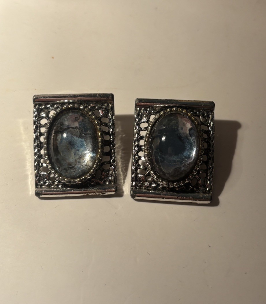 Vintage Silver Tone Blue Oval Cabochon Bracelet & Clip-On Earrings Jewelry Set