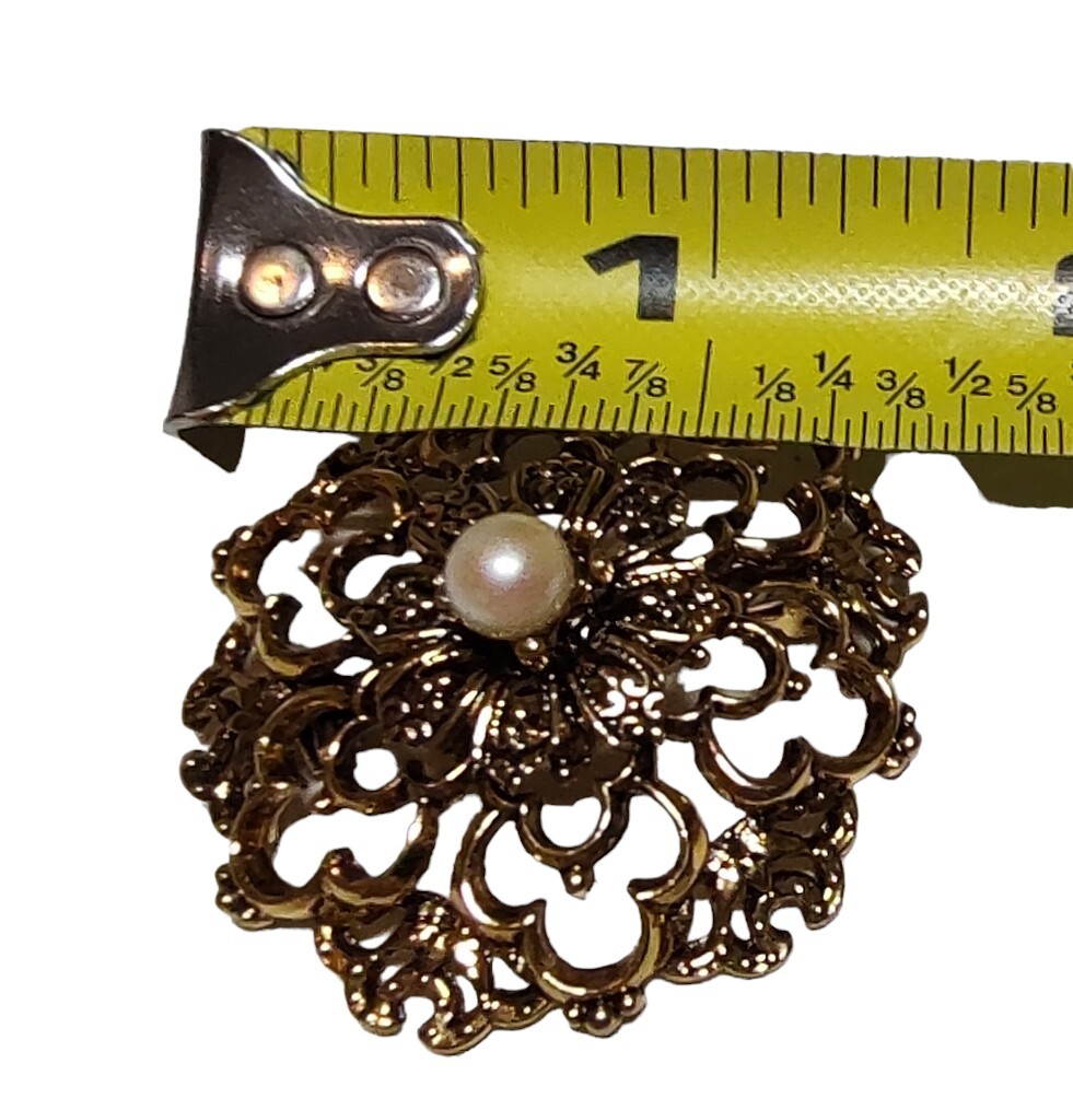 Tacoa Brooch Pin Faux Pearl Floral Filigree Gold Tone Raised Relief Vintage