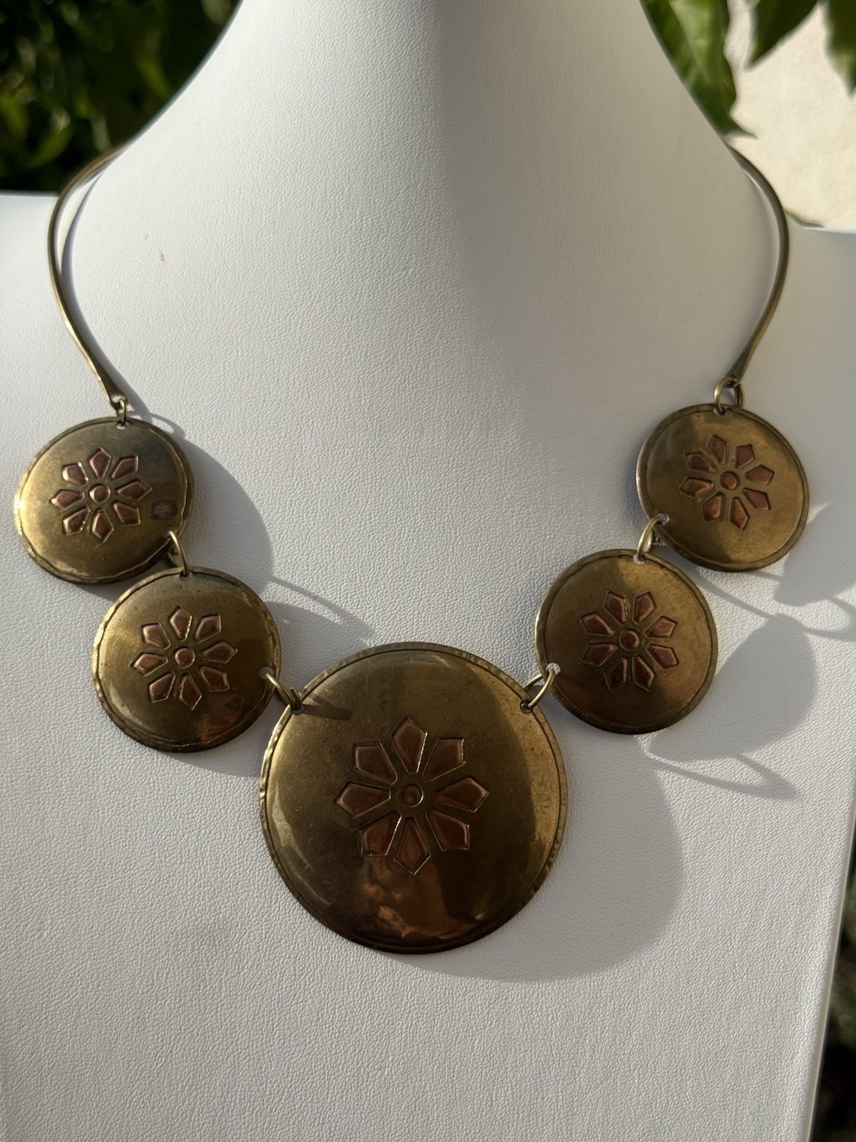 Vintage Artisan Abstract Round Copper & Brass Disc Statement Modernist Necklace