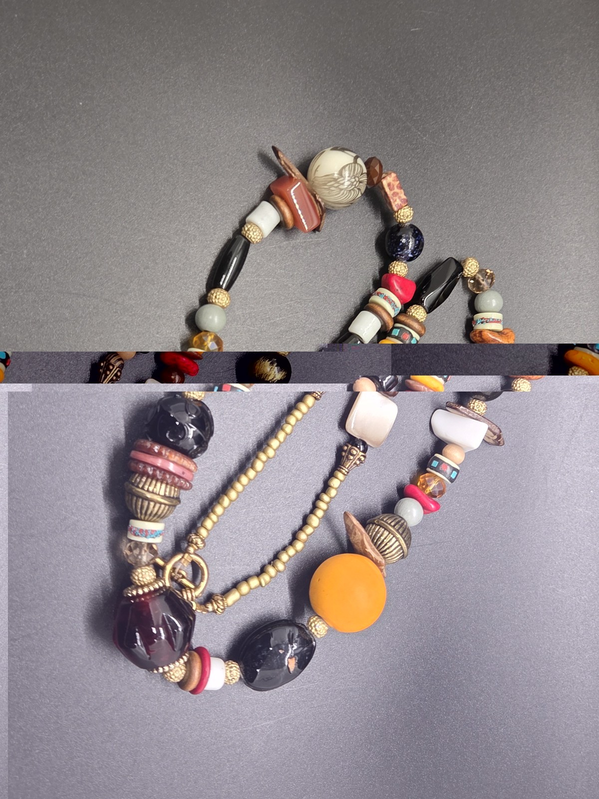 VTG Boho Necklace Artisan Glass Ceramic Lucite Stone Wood Fun Festival Beads 28″