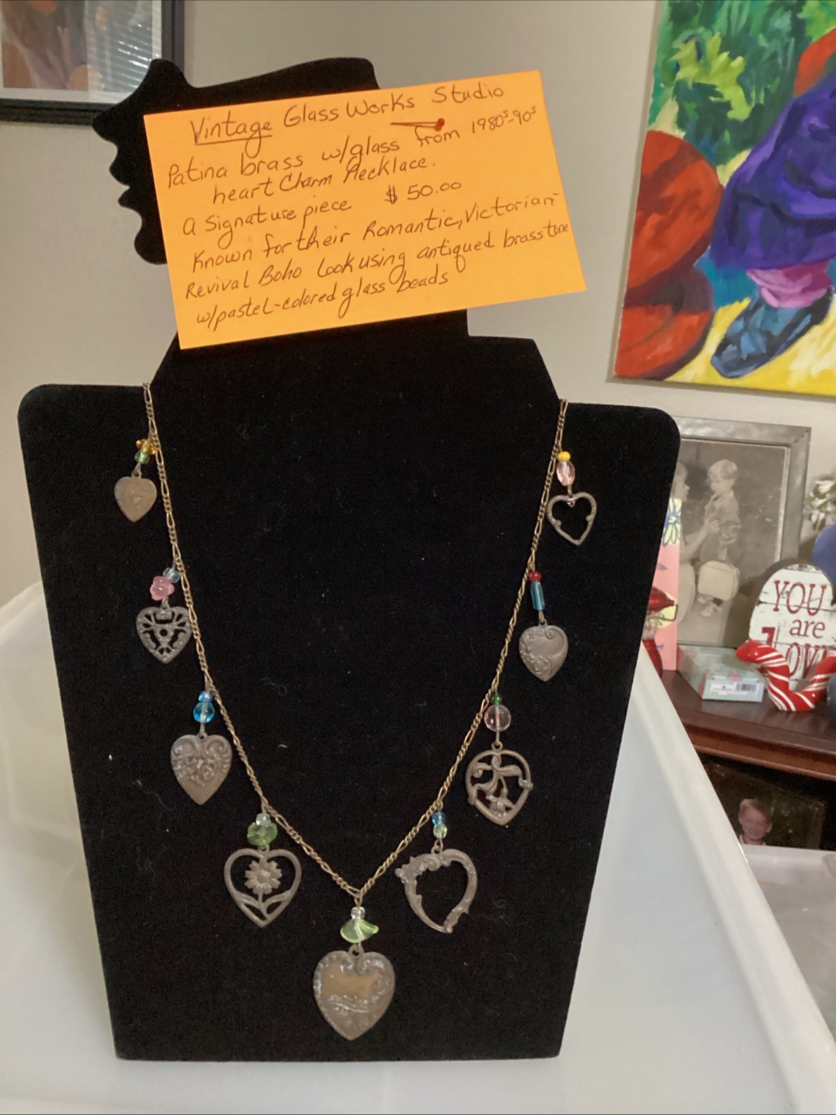VTG Glass Works Studio G.W.S Signed Multi Color Glass Hearts Charm Long Necklace