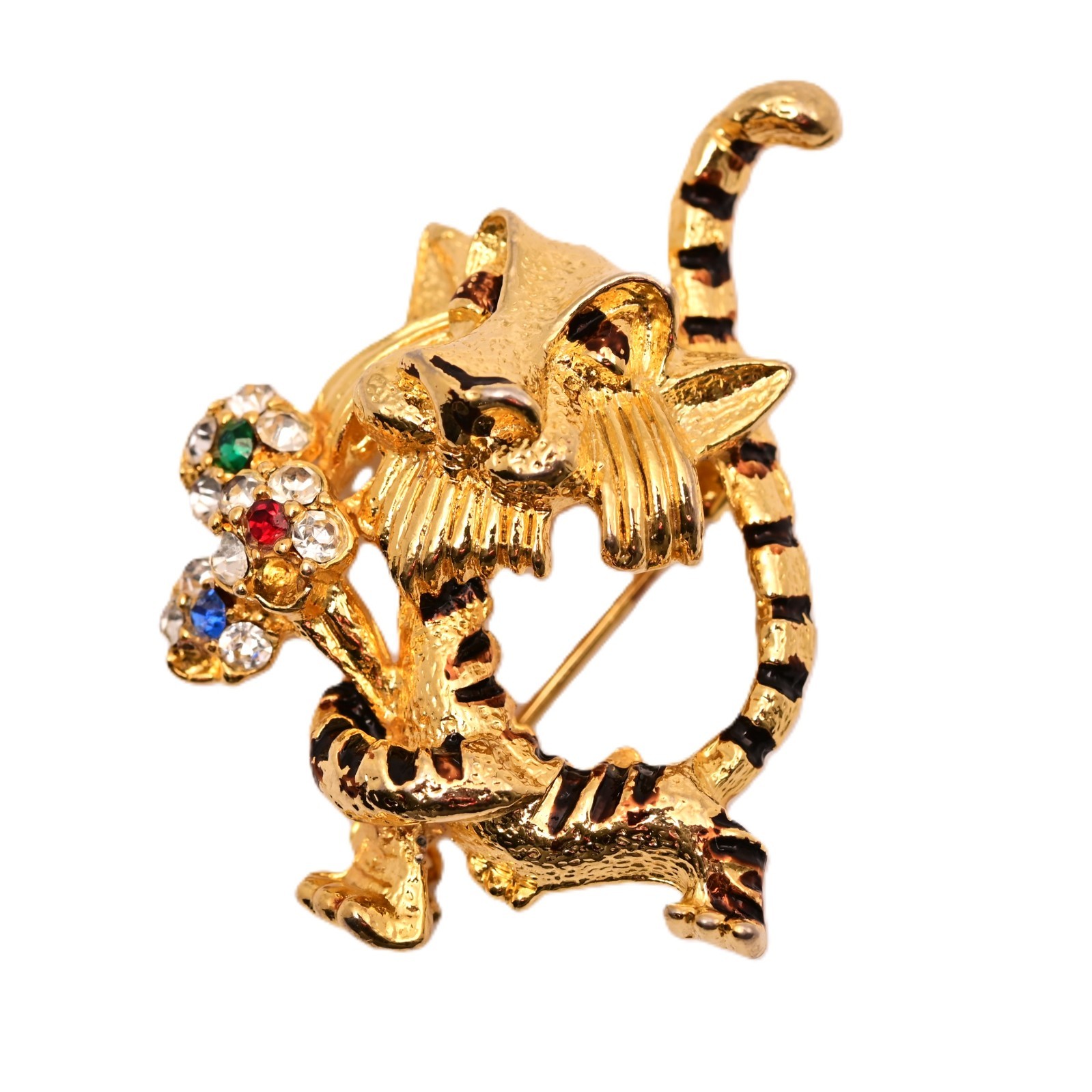 J MAZER Original Vintage Multi Rhinestone Enamel Estate Flower Tiger Brooch Pin