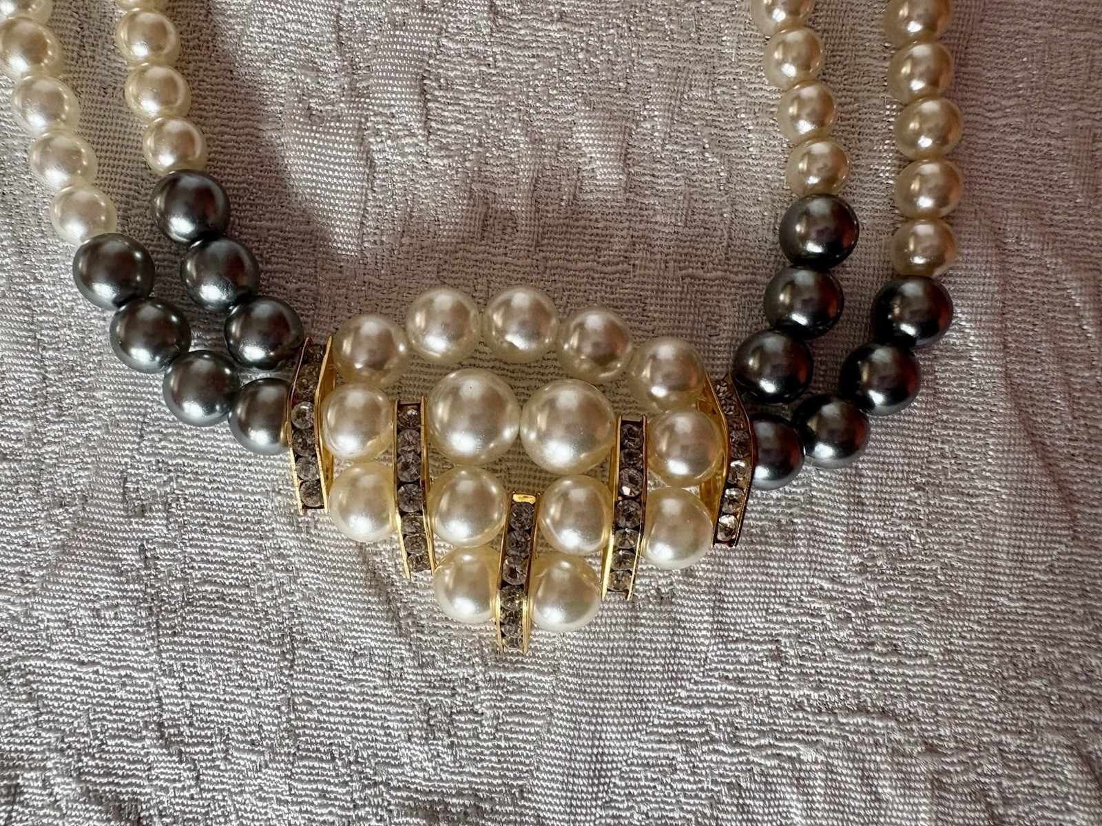Vintage Double Strand White And Gray Pearl Necklace With Rhinestones- G Silver