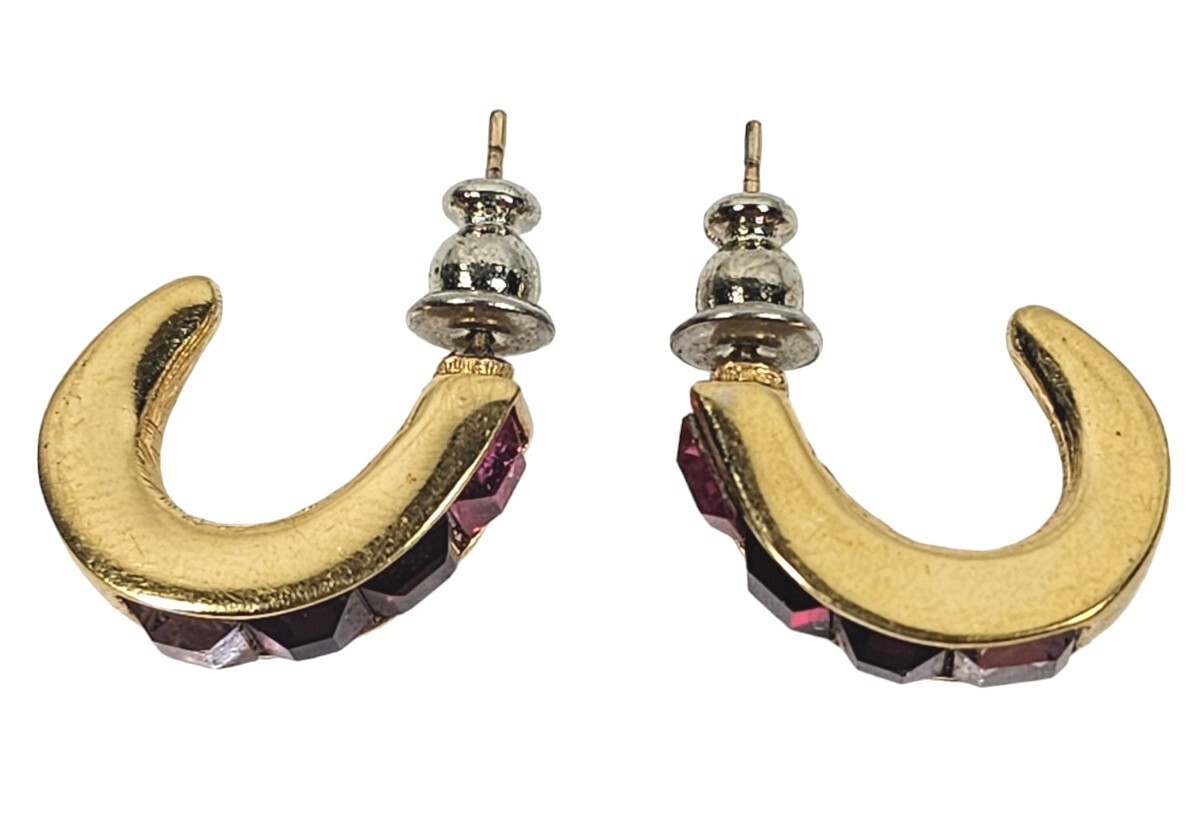 Vintage Signed Givenchy Pink Red & Purple Rhinestone Hoop Earrings