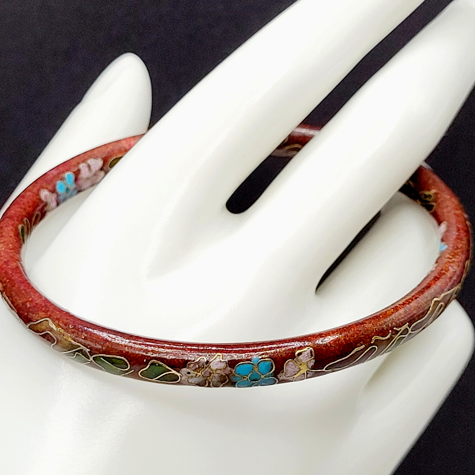 Cloisonné Deep Red Enamel Floral Hand Painted Asian Inspired Bangle Bracelet