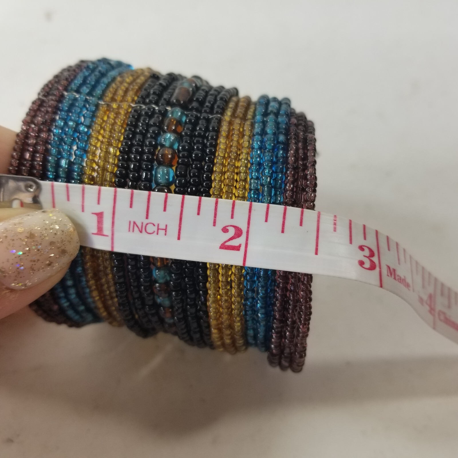 Seed Bead Cuff Bracelet Blue Yellow Black Boho Extra wide