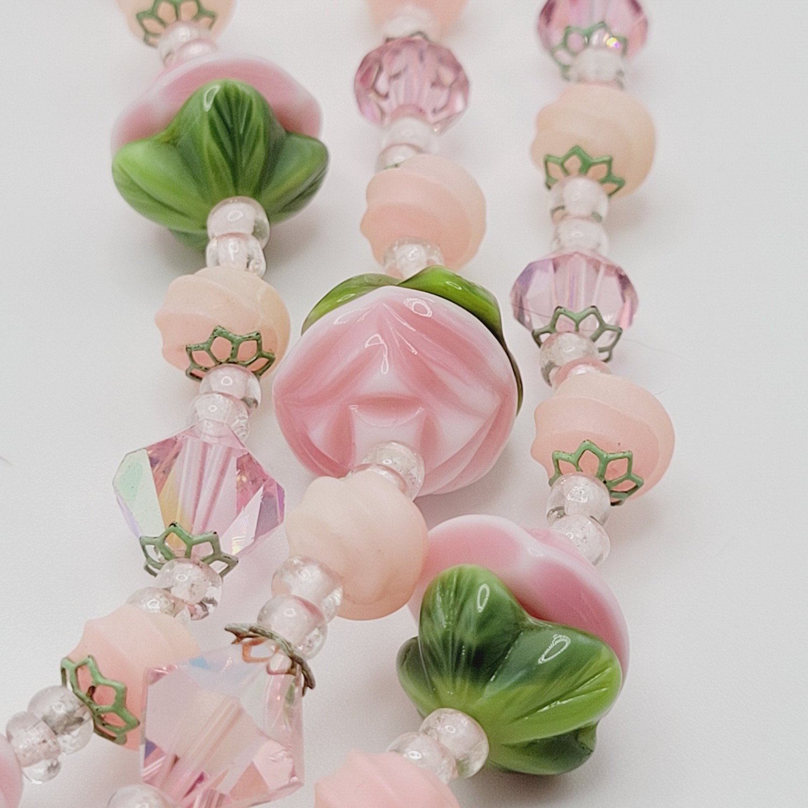 Triple Strand Glass Pink Rosette Green Bottom Rosebuds Bicone Crystal Necklace