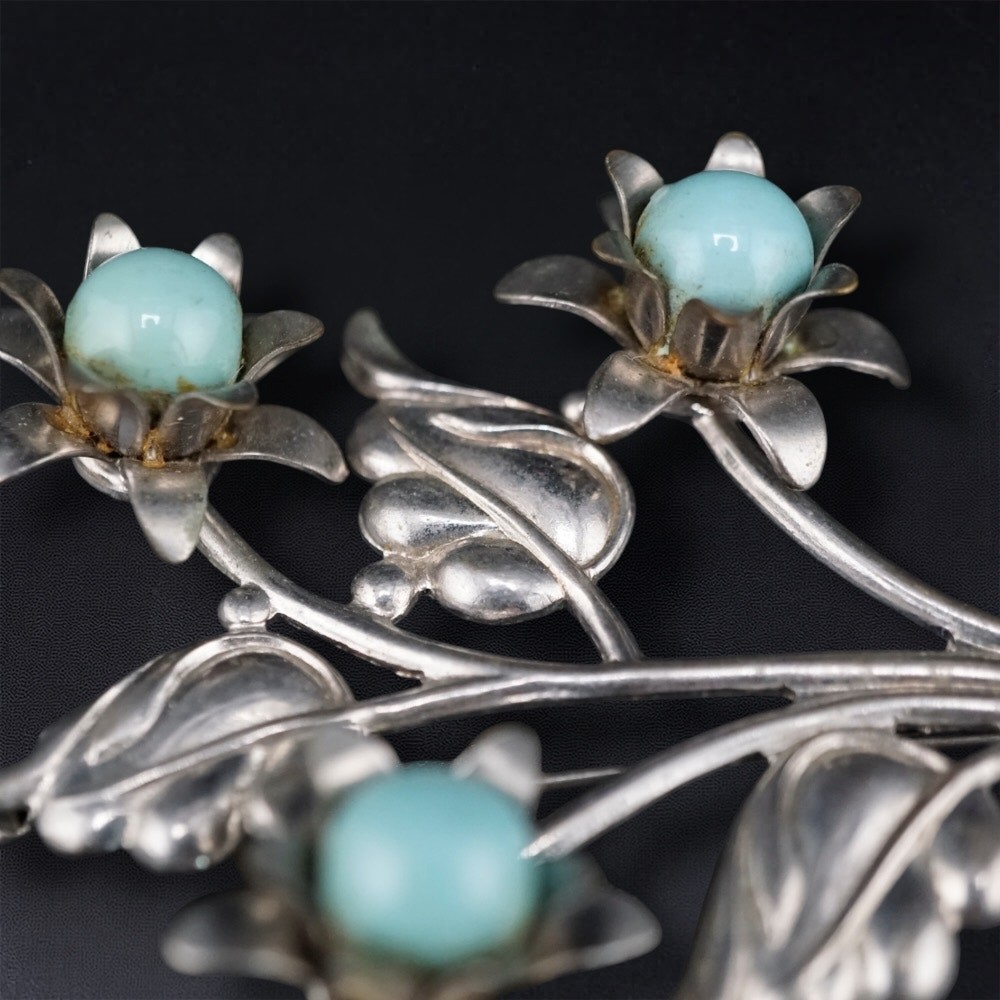 Vintage Floral Bouquet 3.5 in Brooch Blue Bead Silver Tone Statement Pin Retro