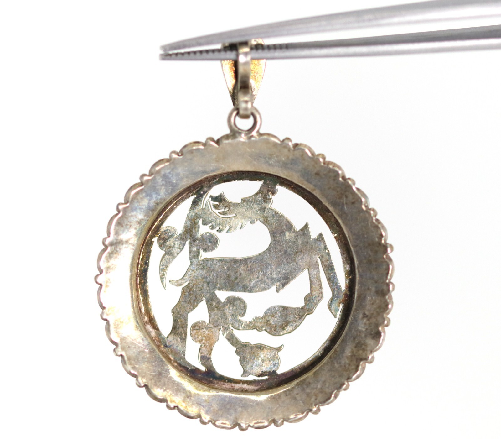 Vintage Silver Pendant Round Deer Roe Floral Plants + Marcasite, Ø: 3.1cm