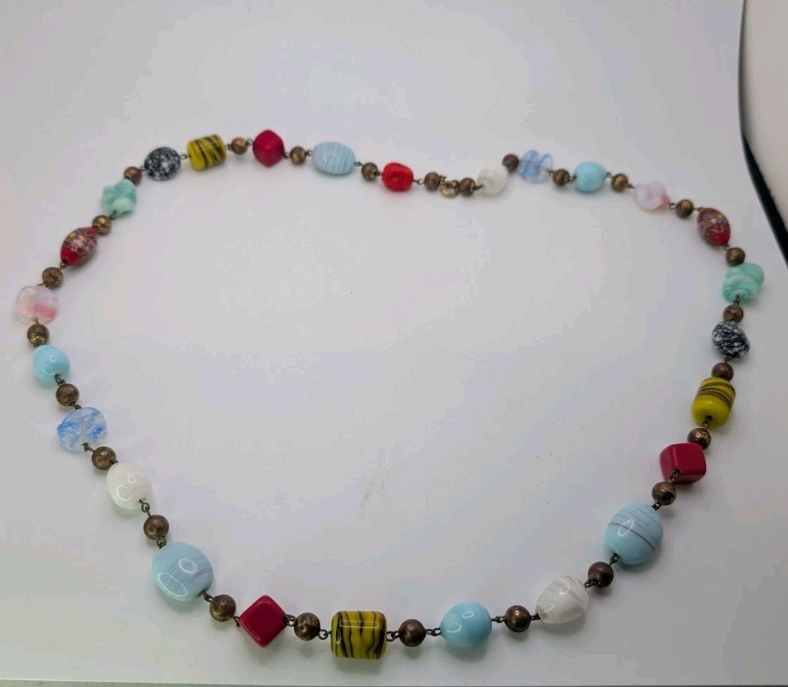 VTG Colorful Glass Metal & PlasticBead Necklace Painted Bronze Swirls Long