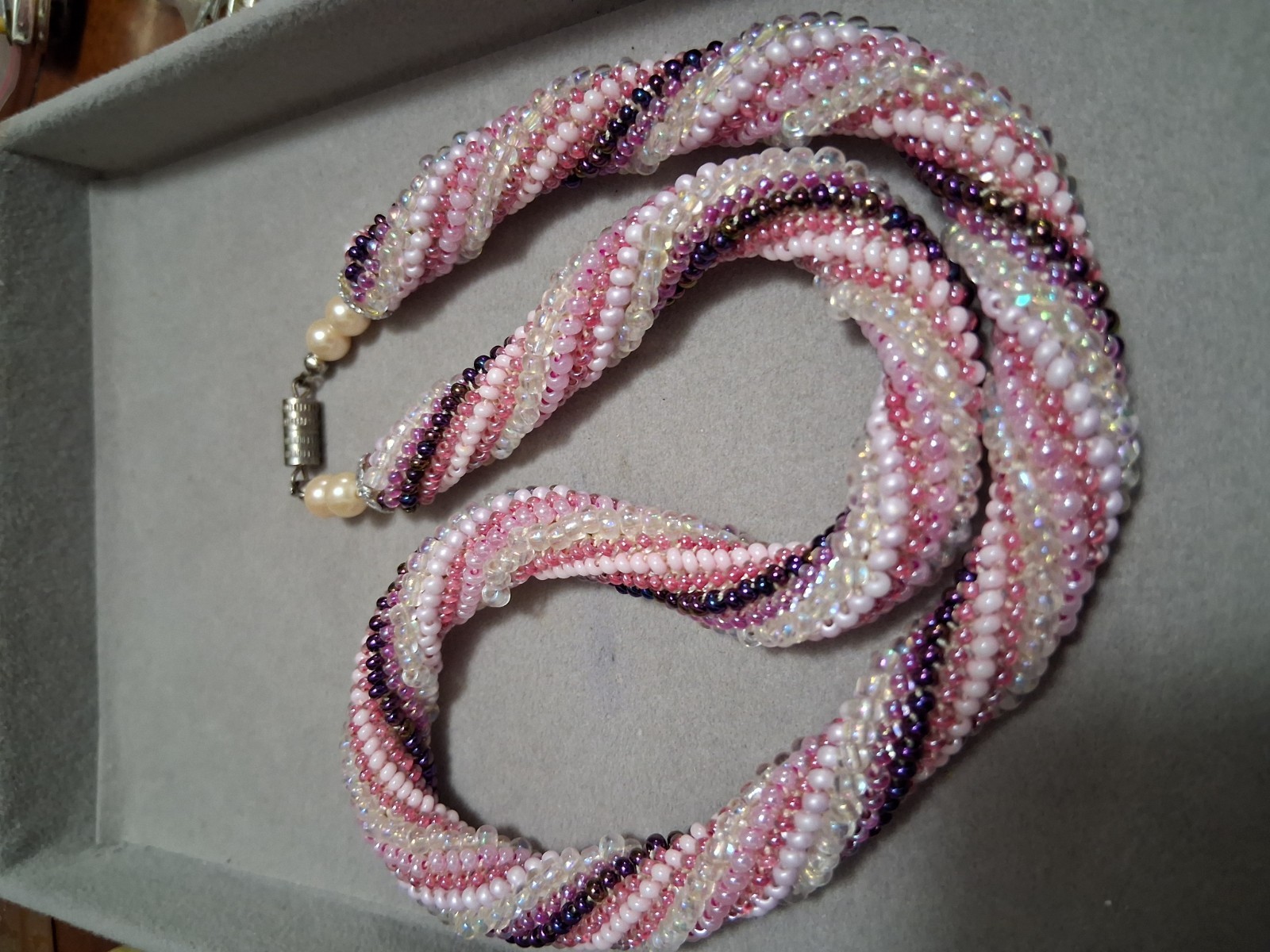 Twisted torsade necklace, pink, purple, & white glass seed bead, rope style