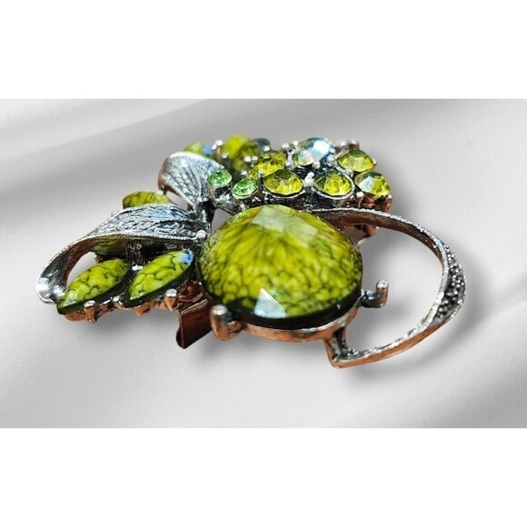 Vintage Style Lime Green Floral Brooch Silver Tone Rhinestone Botanical Pin