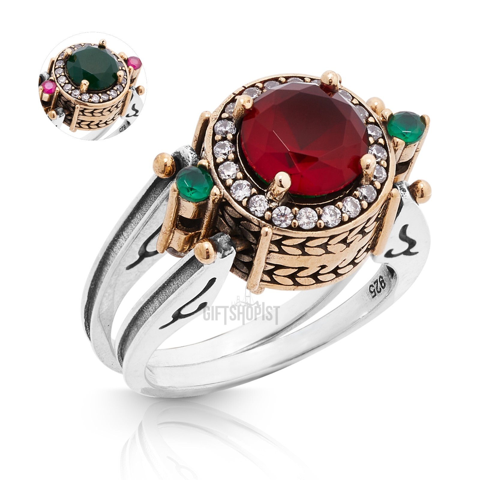 Turkish Reversible Round Emerald and Ruby Topaz 925 Sterling Silver Ring
