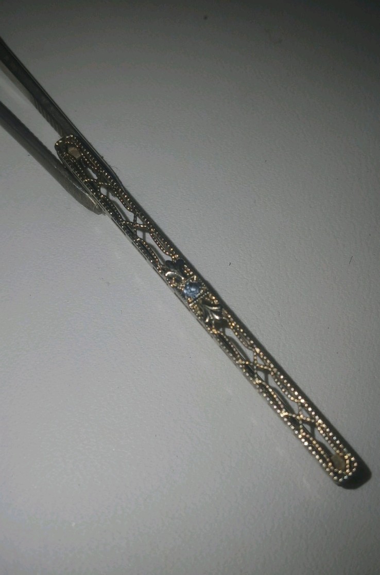 Antique 14kt White Gold and Small Sapphire Bar Pin with Safety Clasp