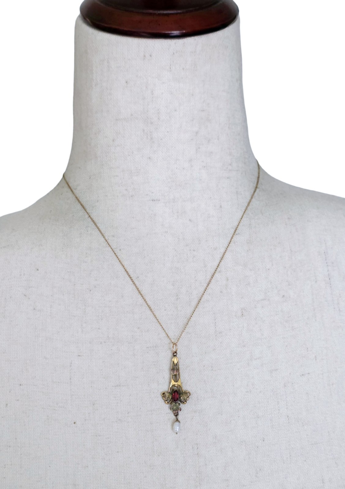 Antique Art Nouveau Lavalier Pendant Necklace Gold Filled Red Stone Pearl