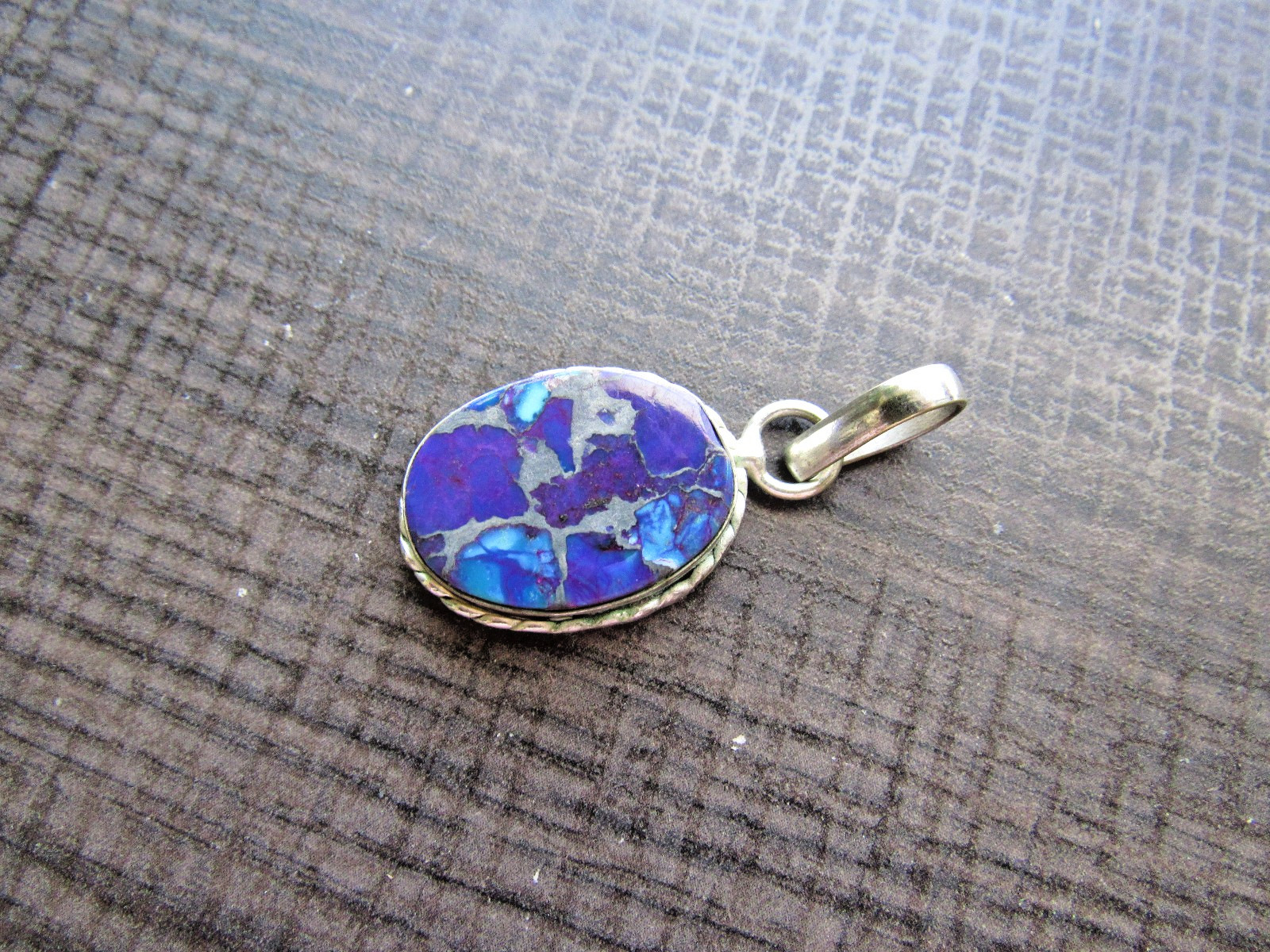 Vintage Silver Pendant Purple & Blue Turquoise Stone Bezel Set Flat Cabochon