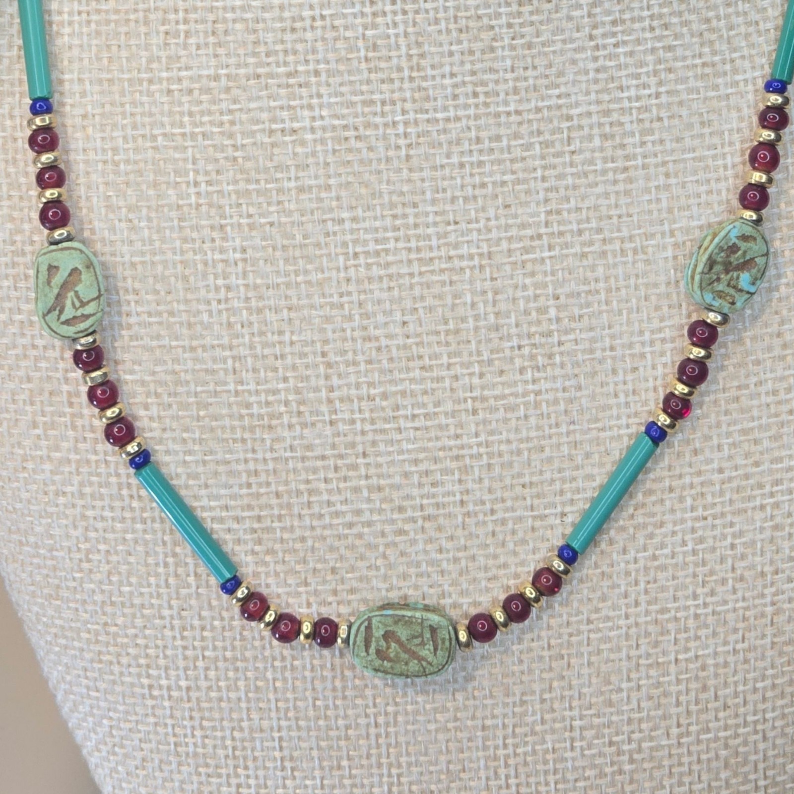 Vintage Egyptian Revival Necklace With Teal Scarab Beads & Red Gold Glass boho