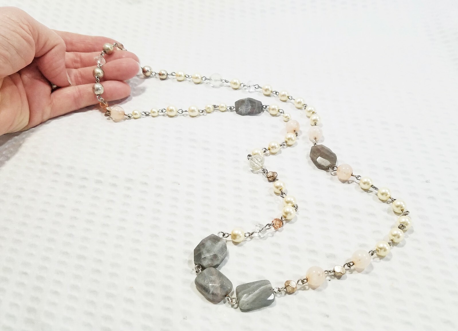 Vintage Asymmetrical Pearl Bead and Gray Agate Bead Rosary Style Necklace