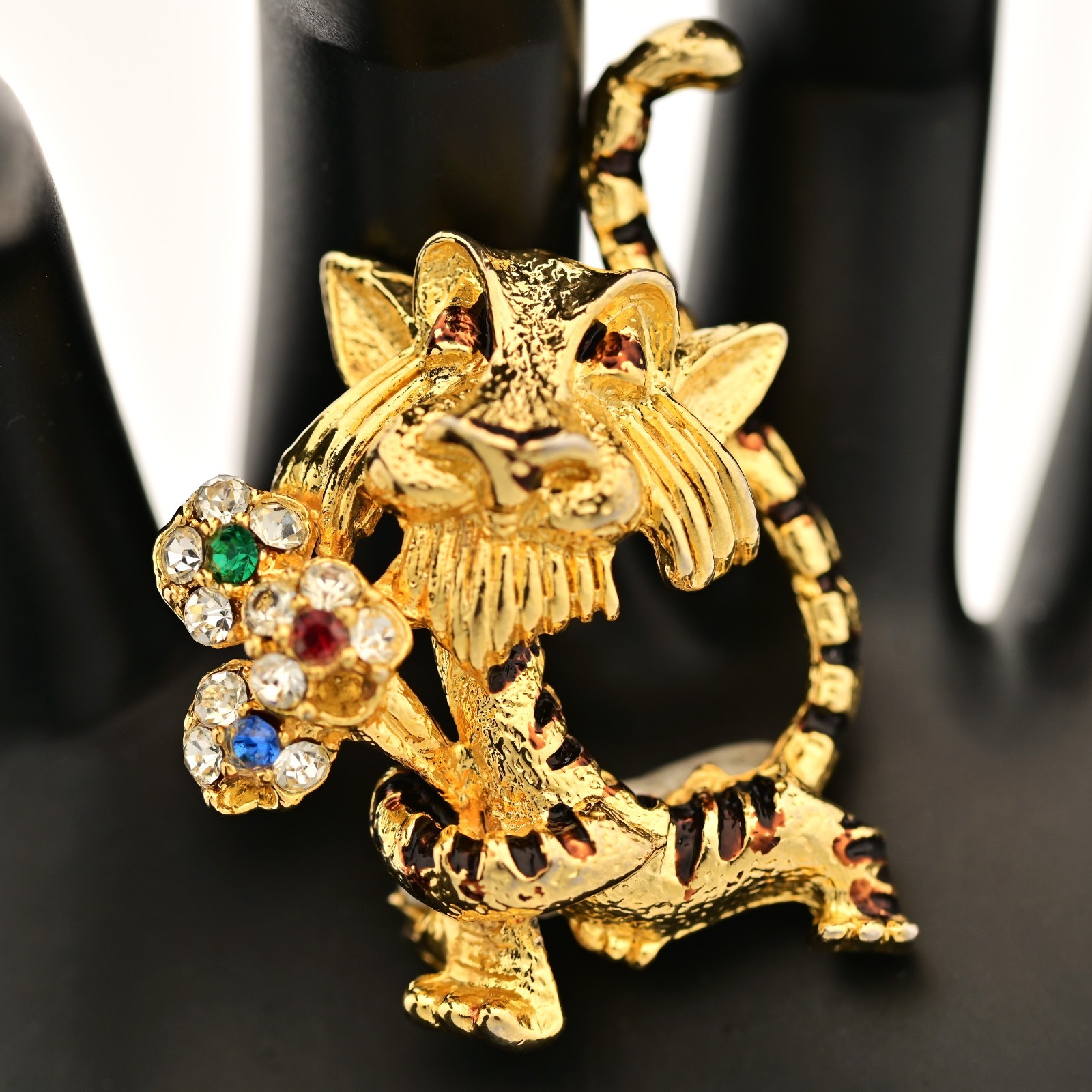 J MAZER Original Vintage Multi Rhinestone Enamel Estate Flower Tiger Brooch Pin