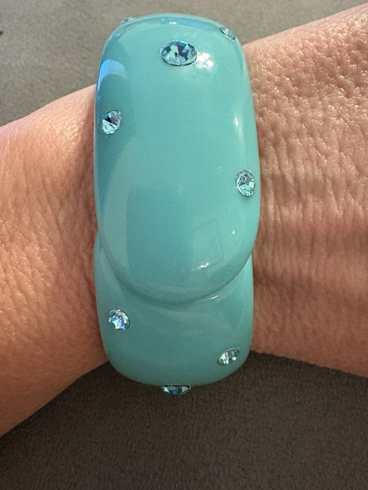 Vintage Light Teal And Rhinestone Lucite Clamper Bangle Cuff Bracelet