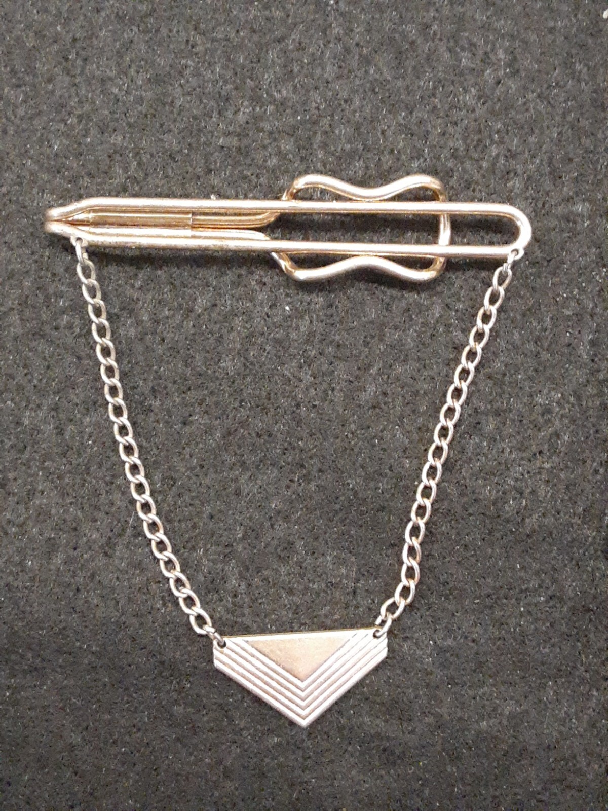 Vintage Hadley Tie Bar Goldtone Chain w/Chevron Art Deco Pendant