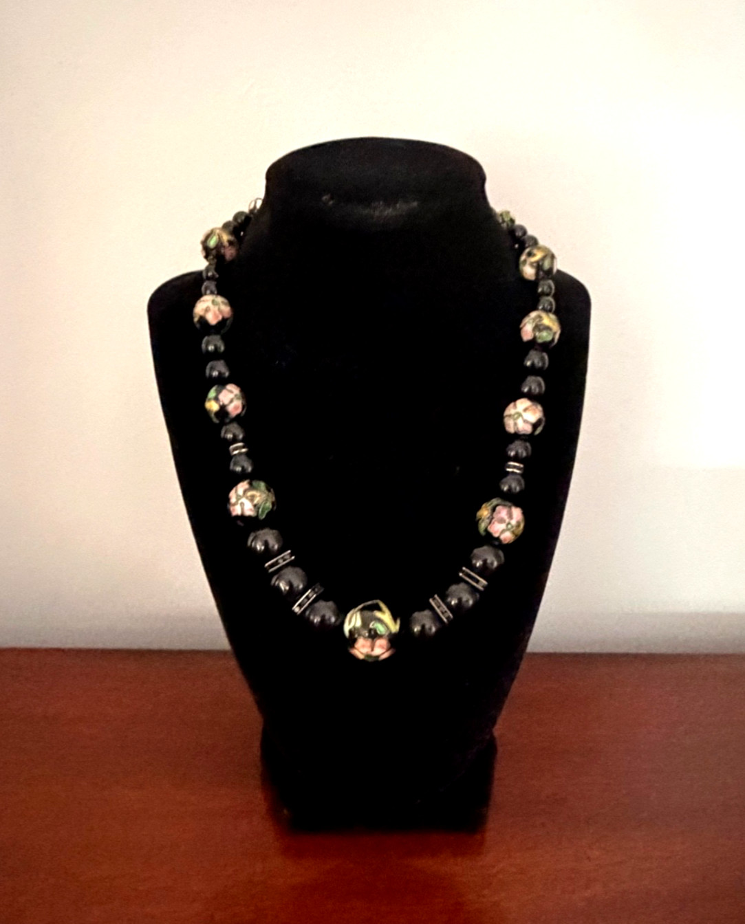 Vintage Black Glass Beads & Cloisonne Necklace Black Rhinestone Spacers 18 3/4″