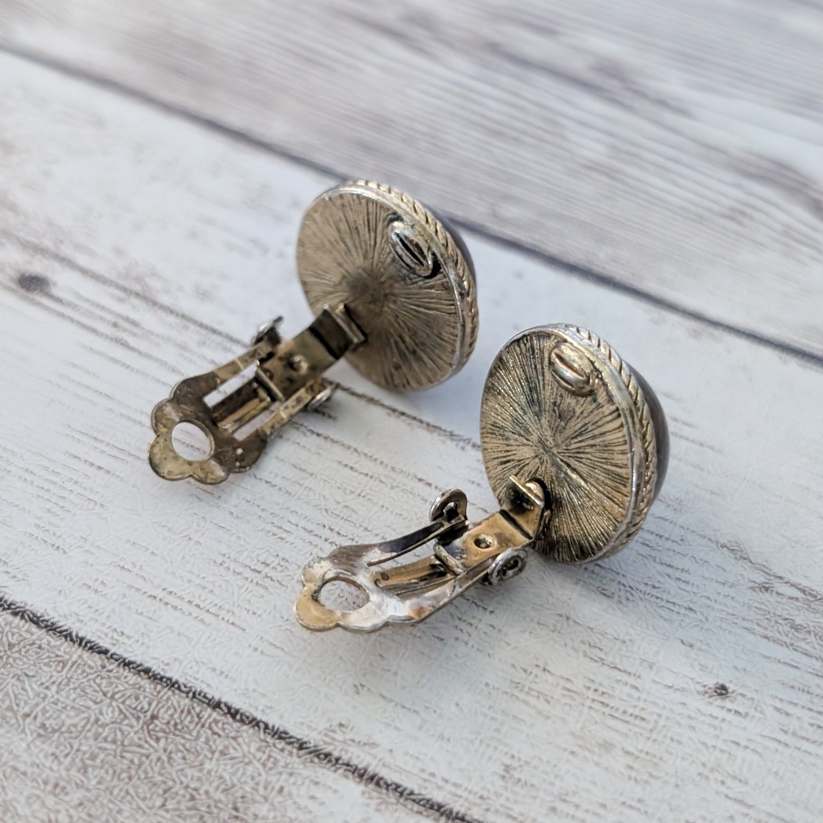 Vintage Clip On Earrings Domed Metallic Brown with Gold Tone Halo