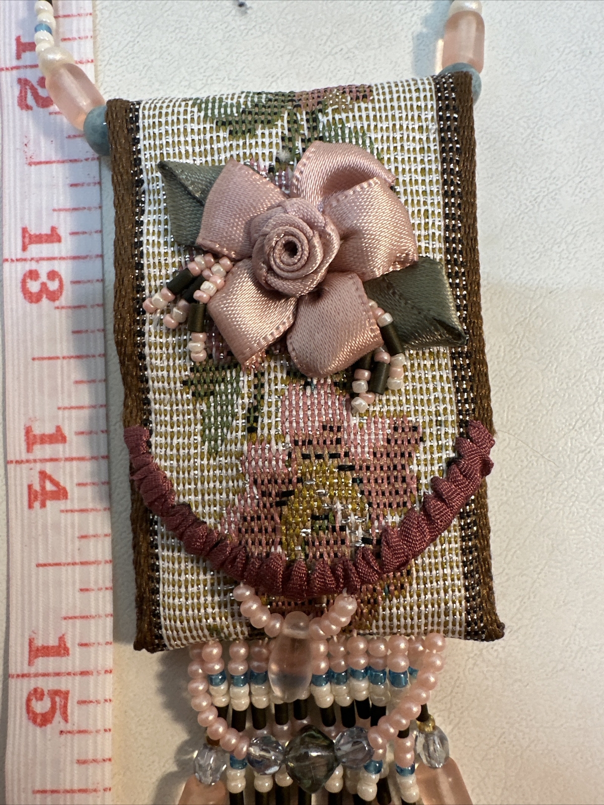 Vintage Needlepoint Handmade Purse Seed Bead Necklace Beaded Fringe-Bo Ho-Hippie