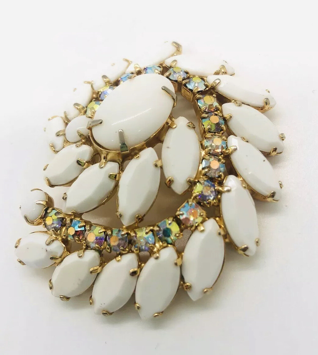 Juliana Delizza & Elster Large White & AB Rhinestone Brooch Vintage Jewelry